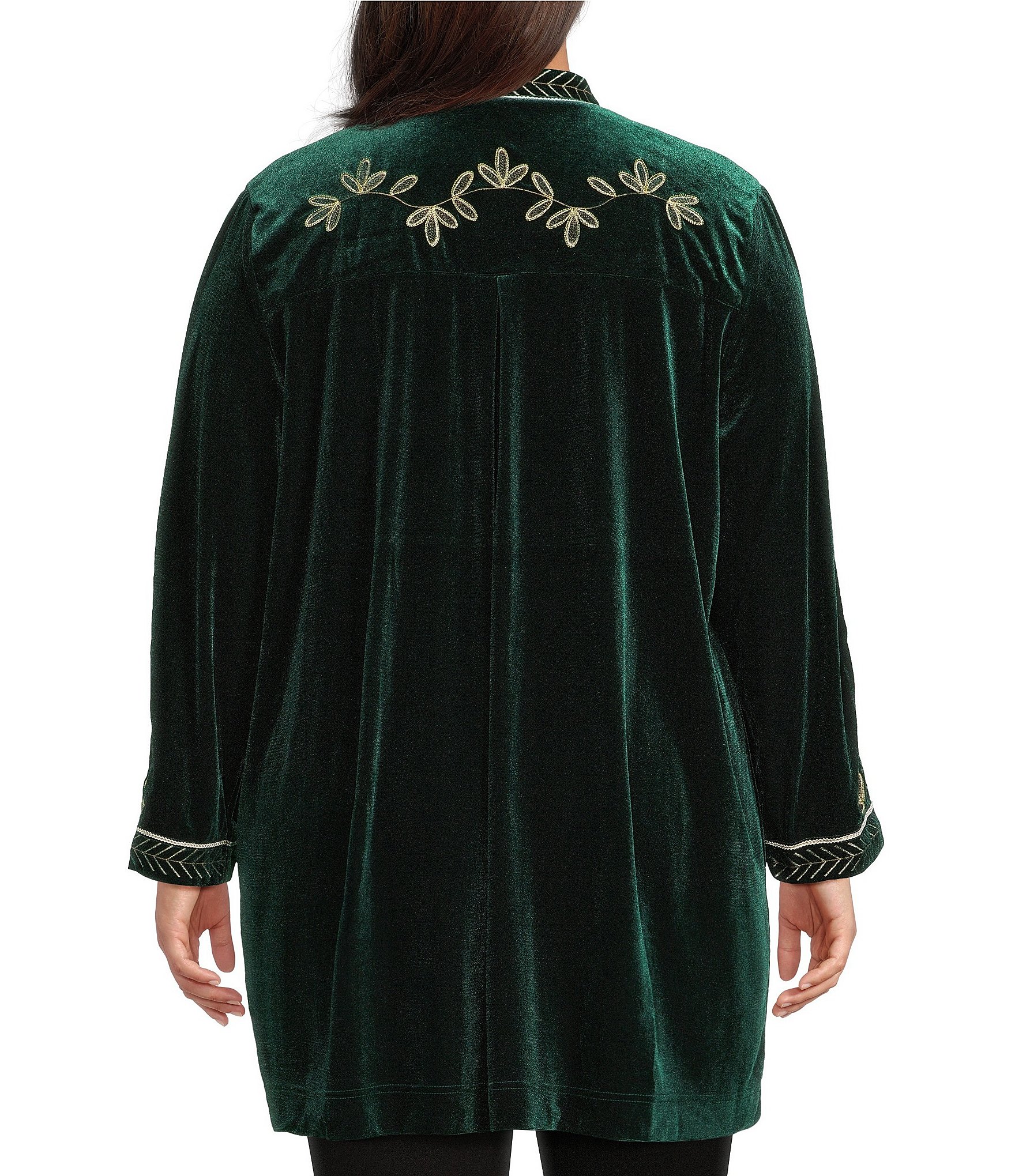 Calessa Plus Size Embroidered Long Sleeve Open-Front Velvet Cardigan