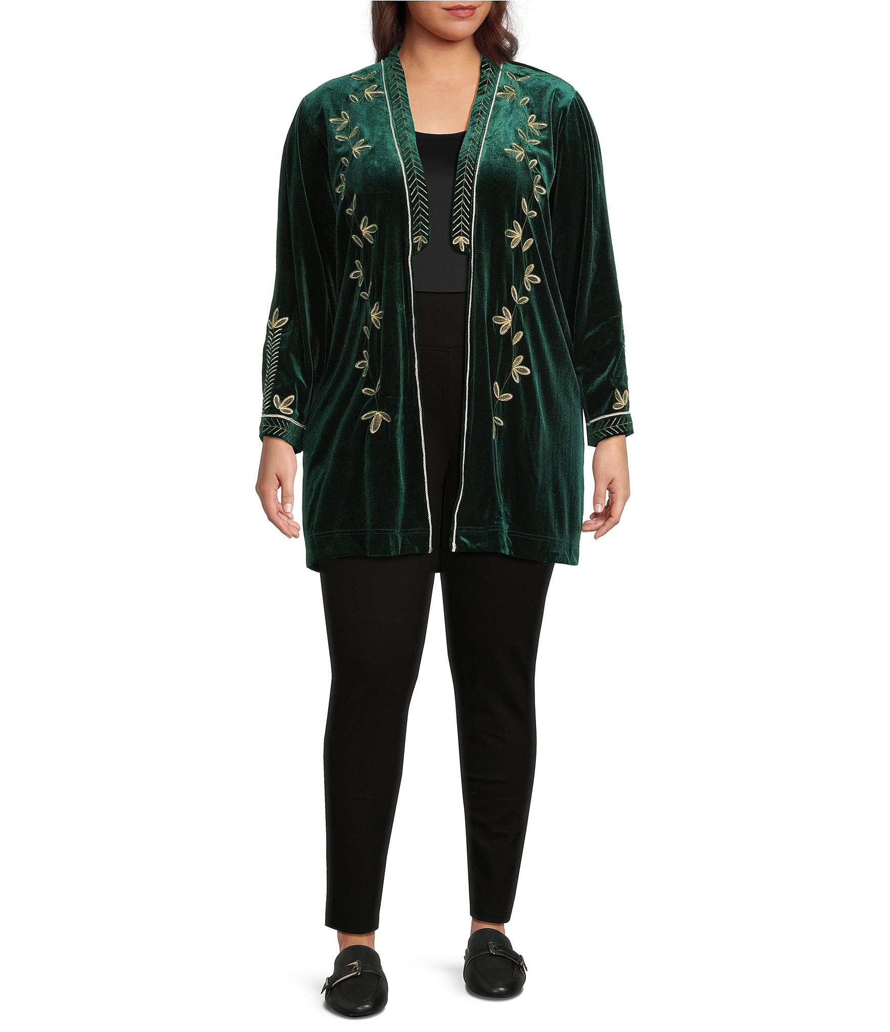 Calessa Plus Size Embroidered Long Sleeve Open-Front Velvet Cardigan