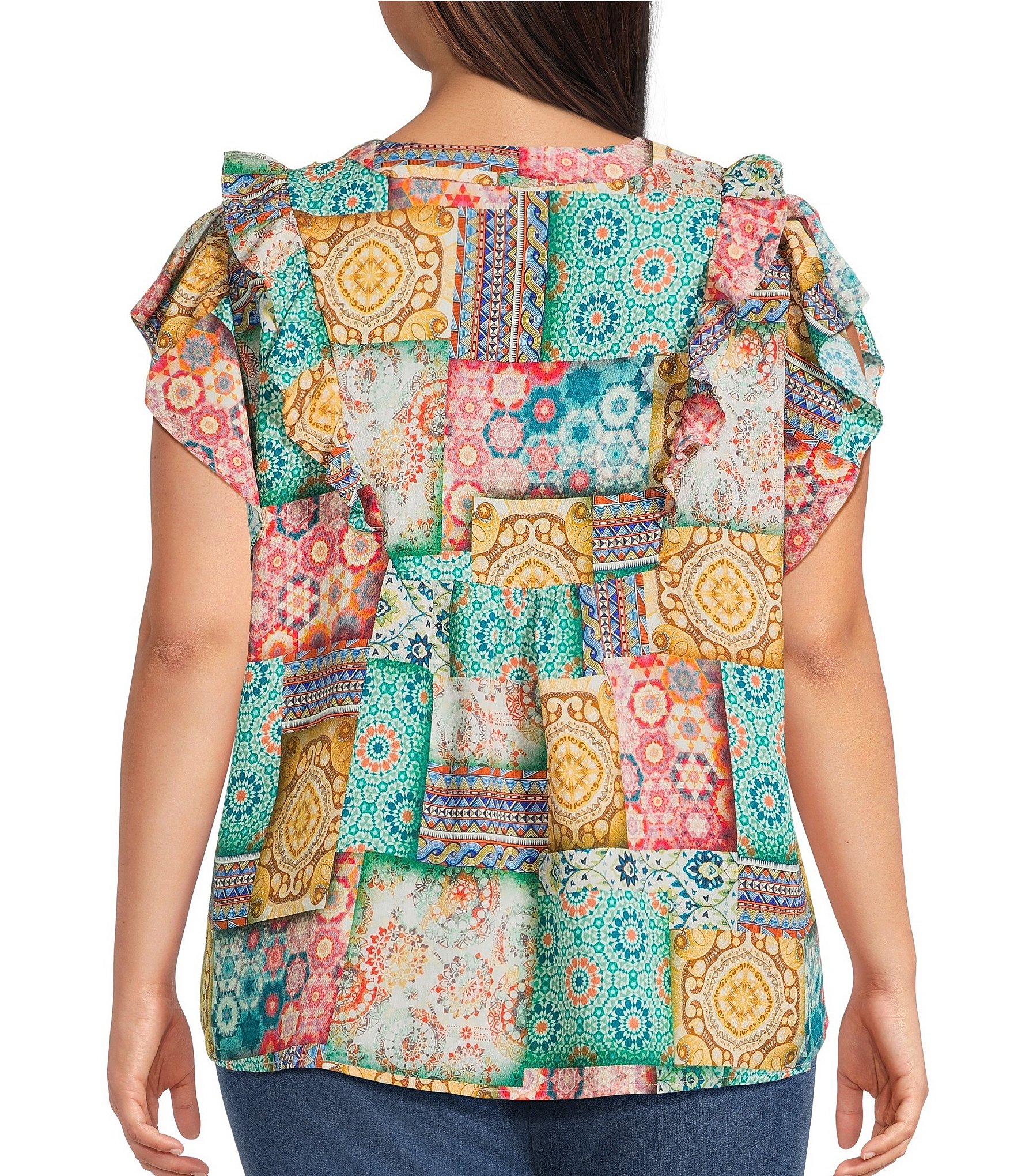 Calessa Plus Size Embroidered Modern Mosaic Print Ruffle Sleeve Tunic