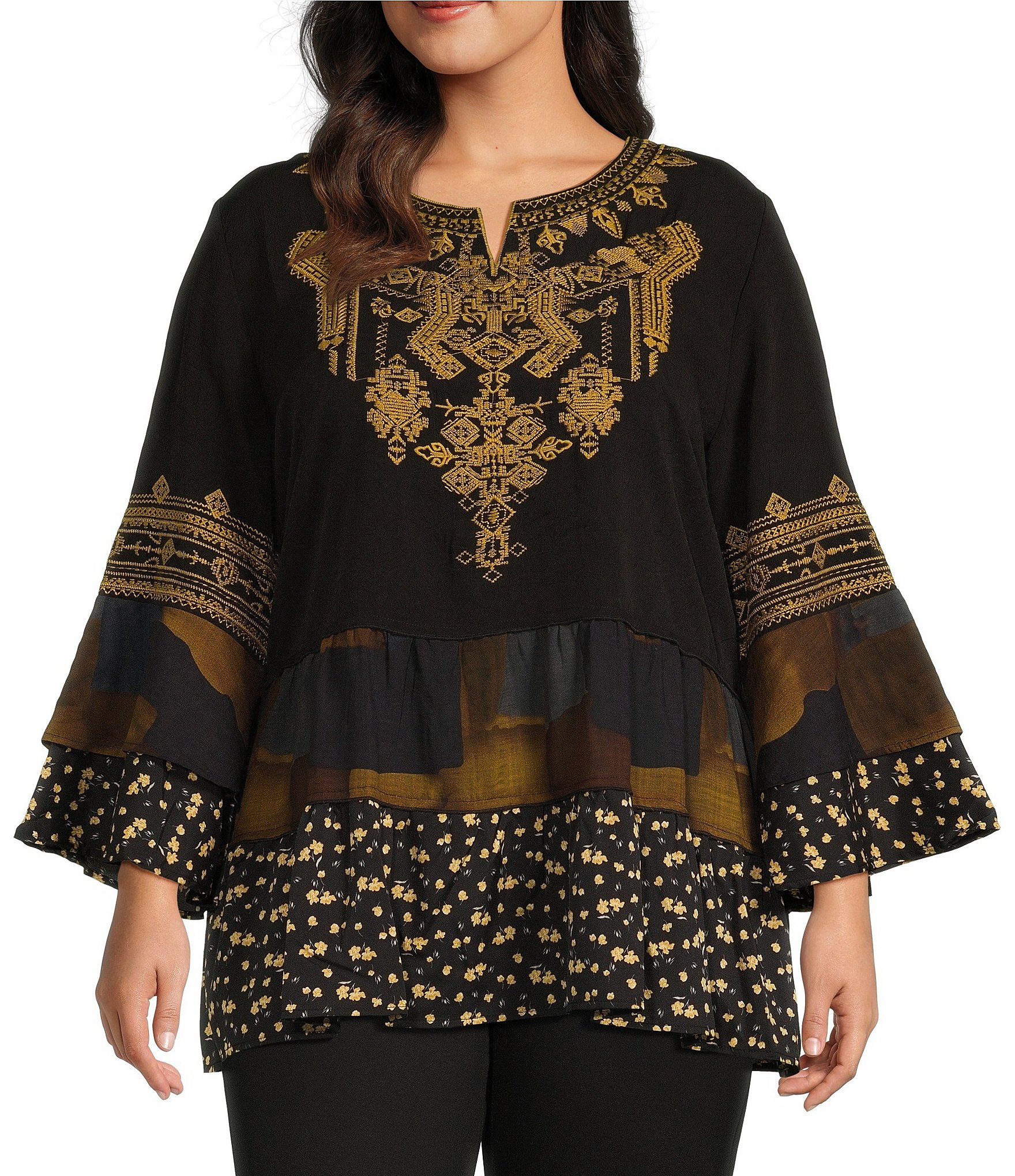 Calessa Plus Size Embroidered Patchwork Split V-Neck 3/4 Sleeve Tiered ...