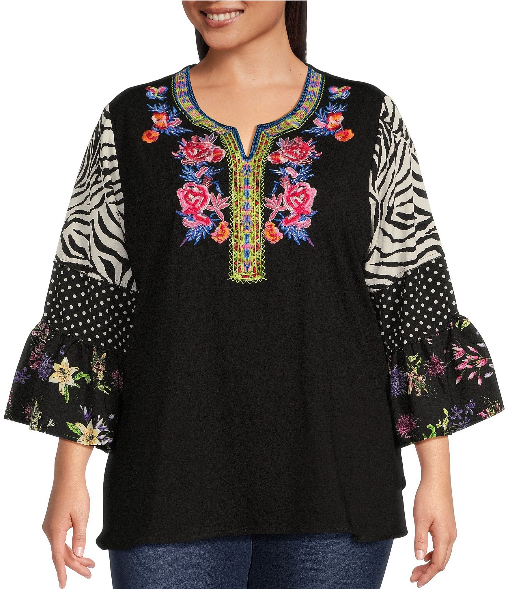 Calessa Plus Size Embroidered Patchwork Floral Print Crew Neck Tiered 3 ...