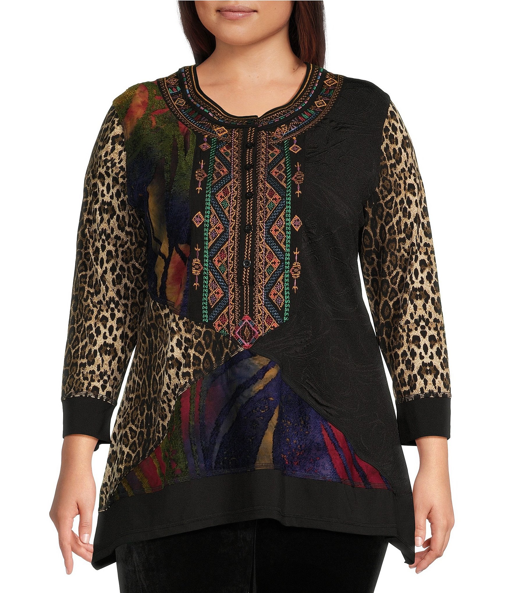 Calessa Plus Size Embroidered Patchwork Print Burnout Tie Dye Knit Scoop Neck Long Sleeve Tunic 2528