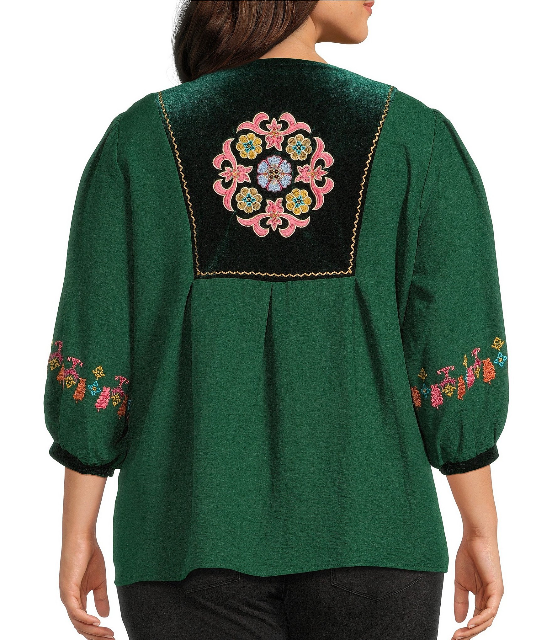 Calessa Plus Size Embroidered Patchwork Print Round Split V-Neck 3/4 Sleeve Tunic