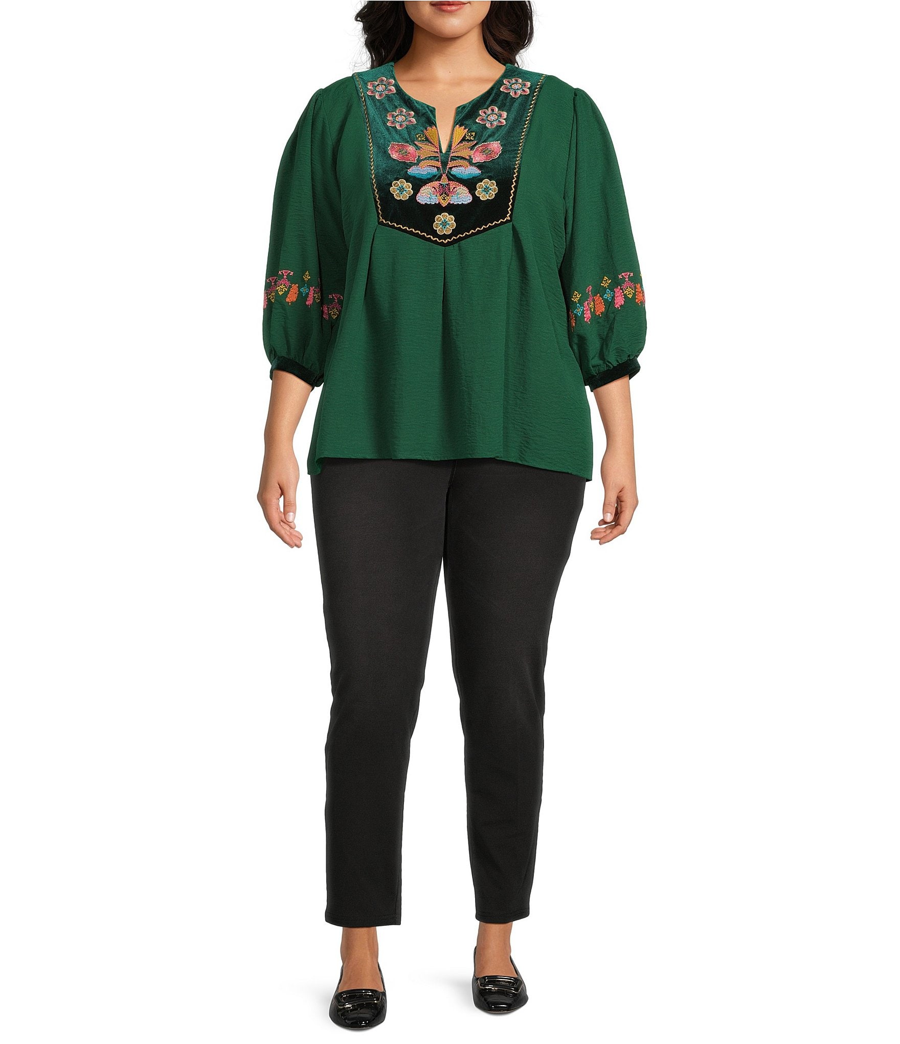 Calessa Plus Size Embroidered Patchwork Print Round Split V-Neck 3/4 Sleeve Tunic