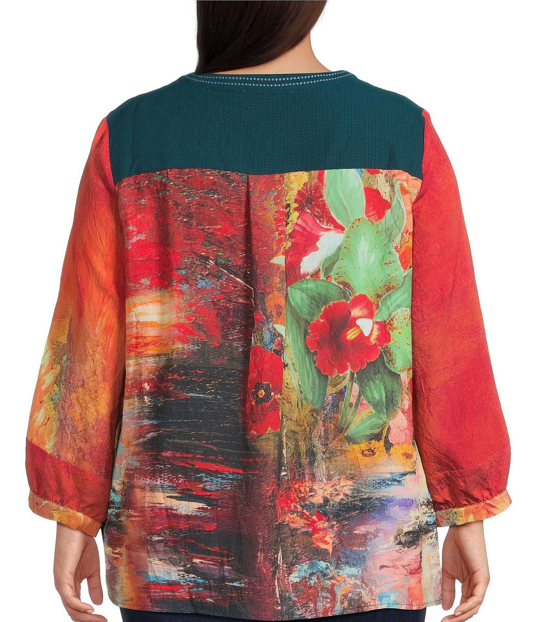 Calessa Plus Size Embroidered Patchwork Print Split V-Neck 3/4 Sleeve Tunic