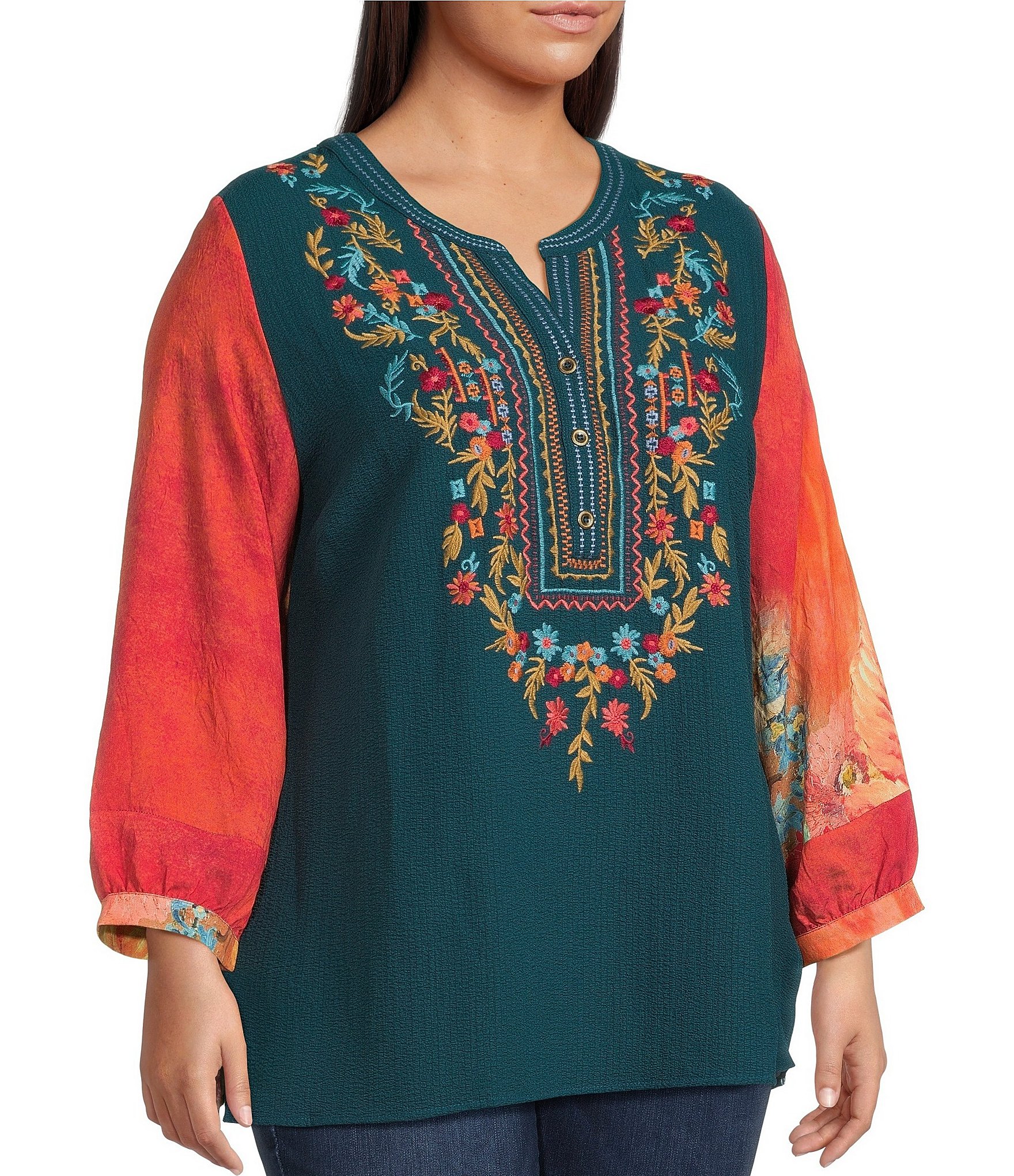 Calessa Plus Size Embroidered Patchwork Print Split V-Neck 3/4 Sleeve Tunic