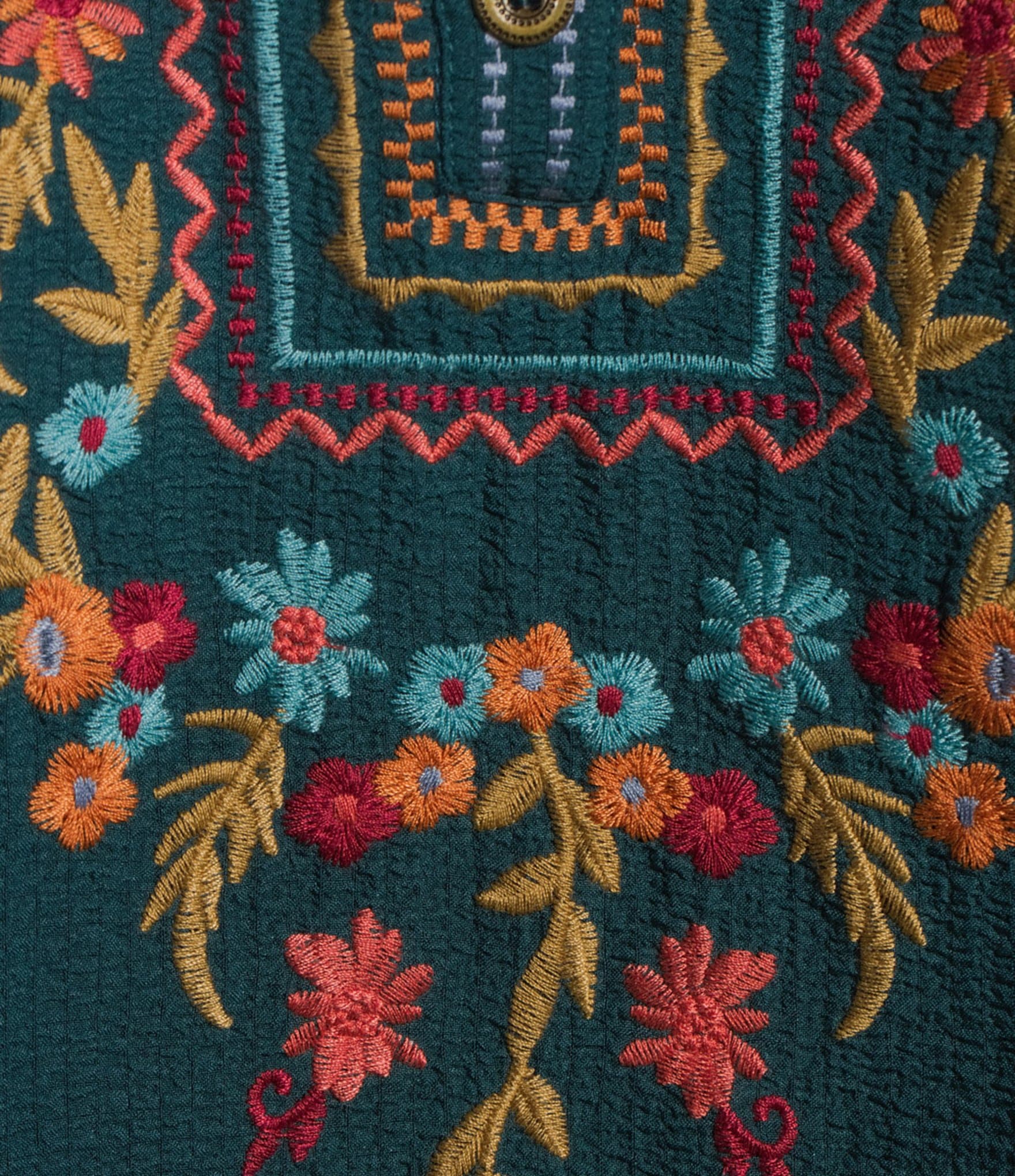 Calessa Plus Size Embroidered Patchwork Print Split V-Neck 3/4 Sleeve Tunic