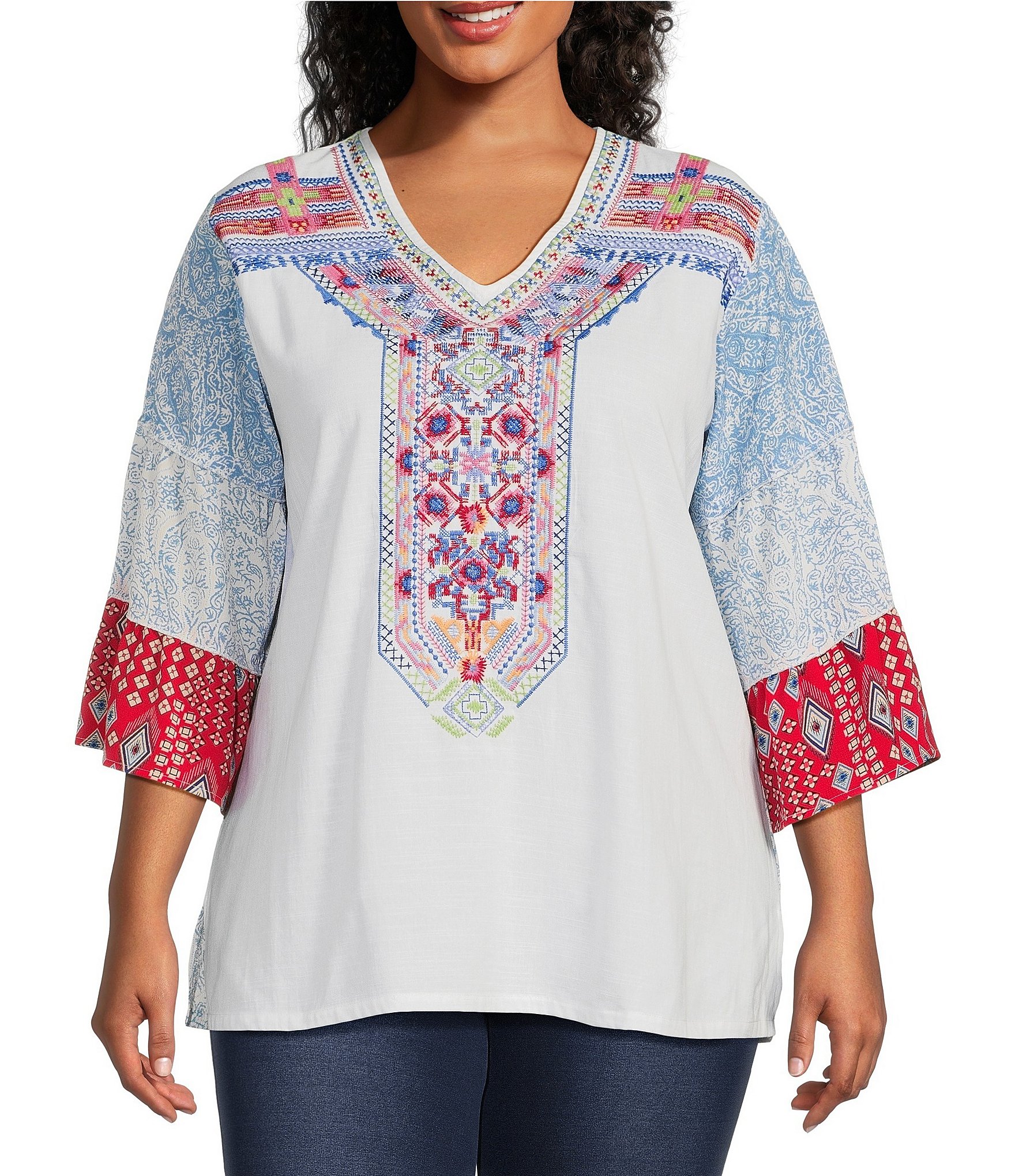Calessa Plus Size Embroidered Patchwork Print V-Neck 3/4 Sleeve Knit ...
