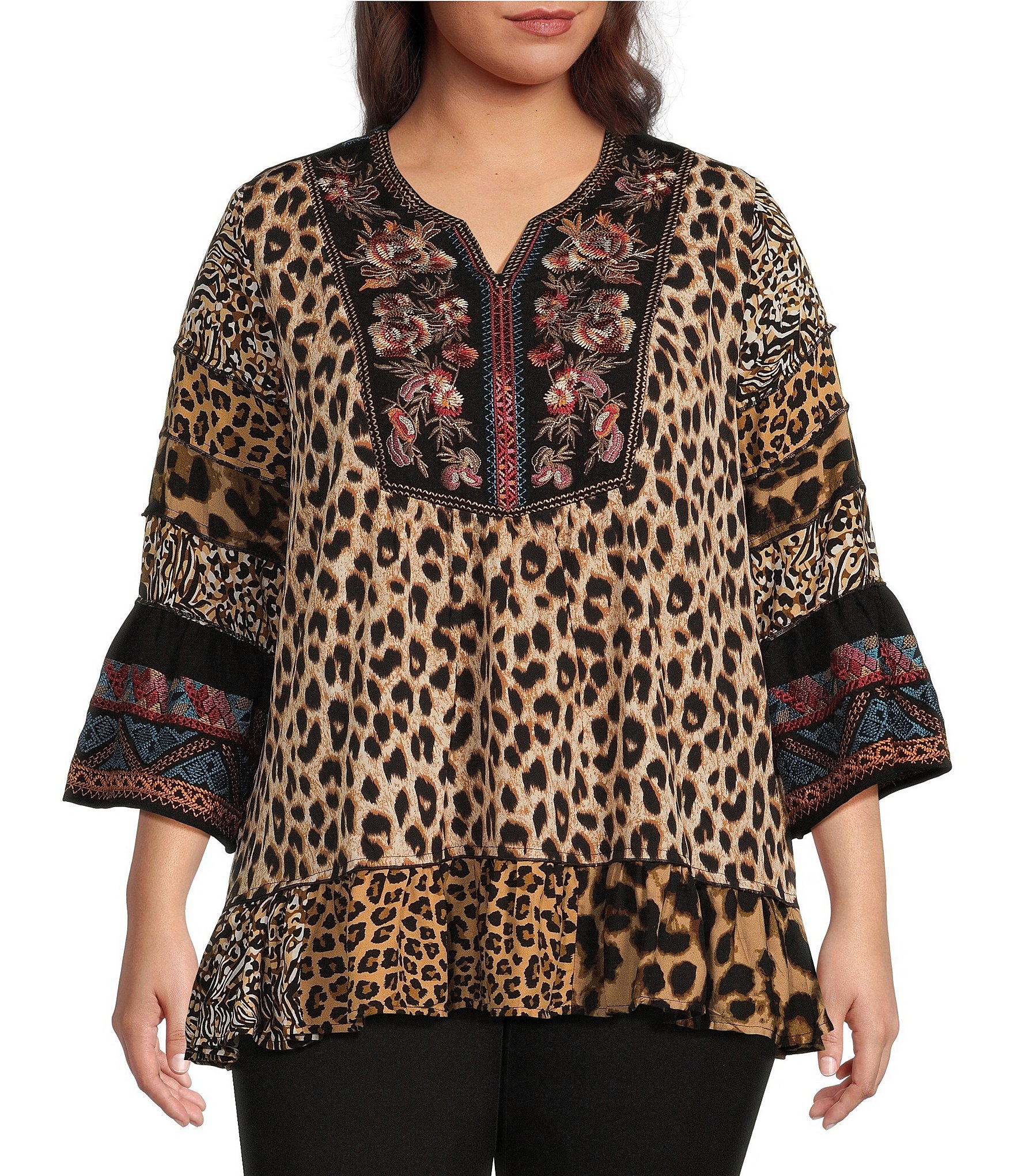 Calessa Plus Size Embroidered Patchwork Split Round Neckline 34 Sleeve Tunic Dillards 5490