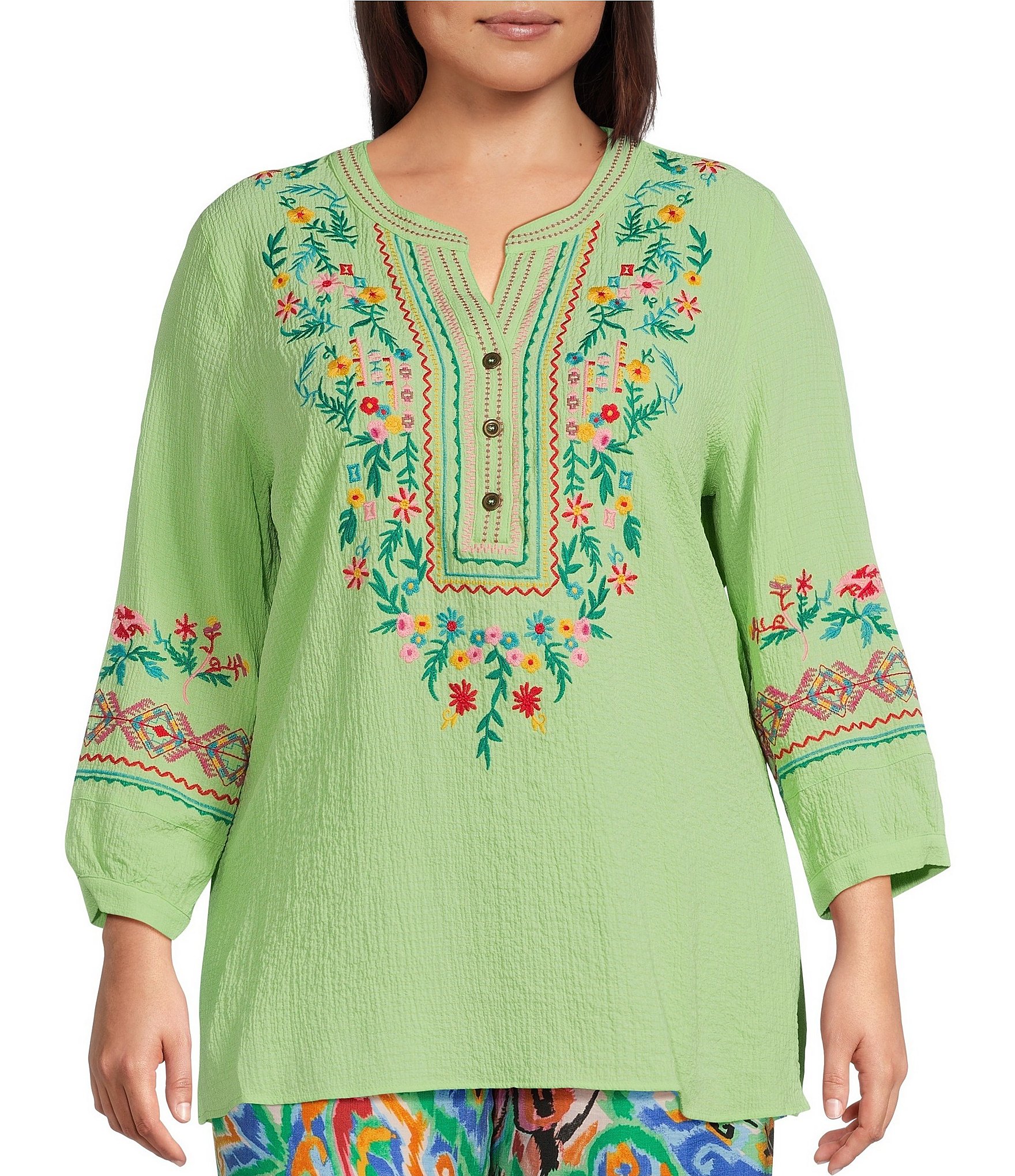 Calessa Plus Size Embroidered Patchwork Split V-Neck 3/4 Calessa Plus Size Embroidered Patchwork Split V-Neck 3/4