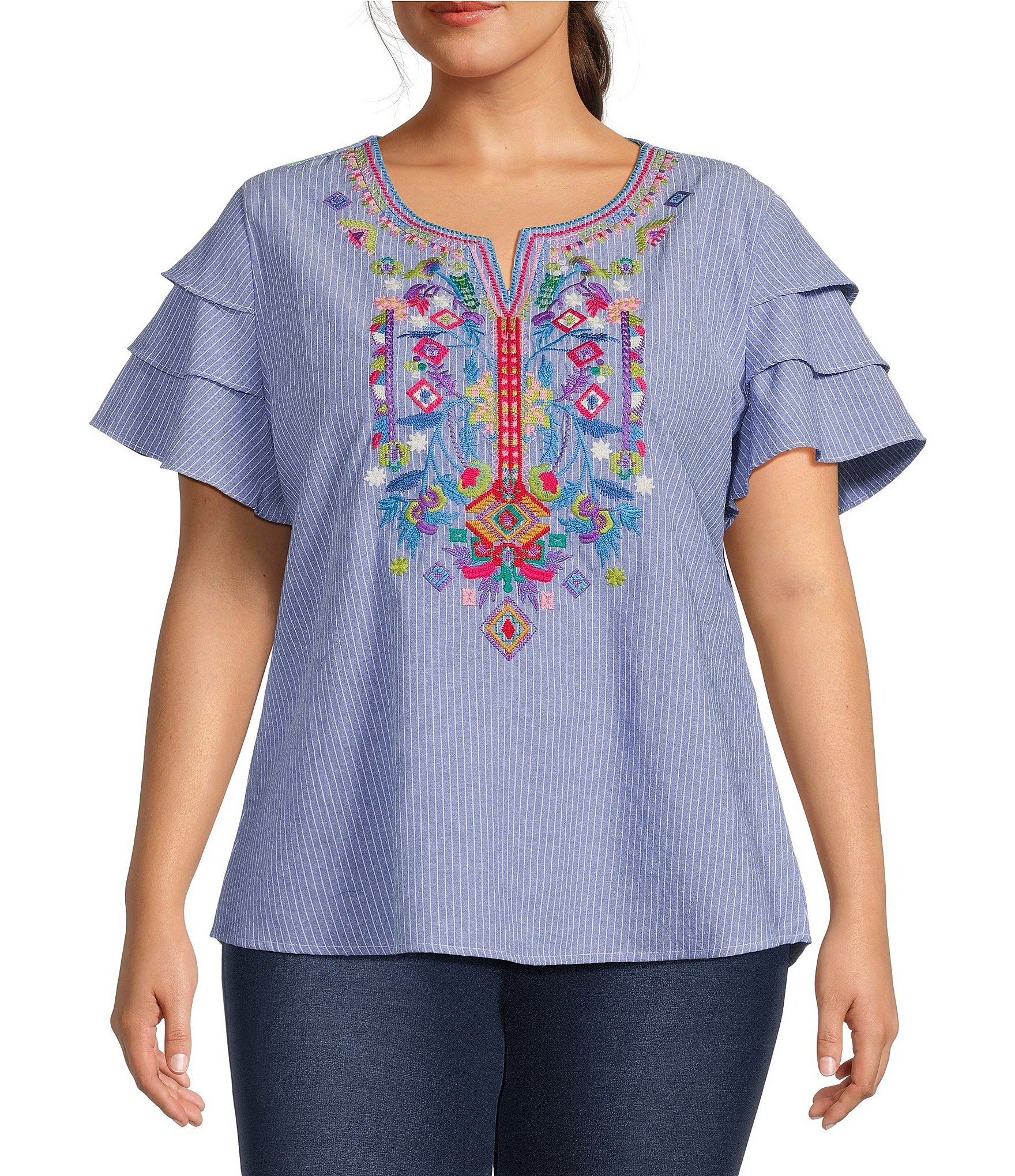 Calessa Plus Size Embroidered Patchwork Split V-Neck Short Sleeve Blouse