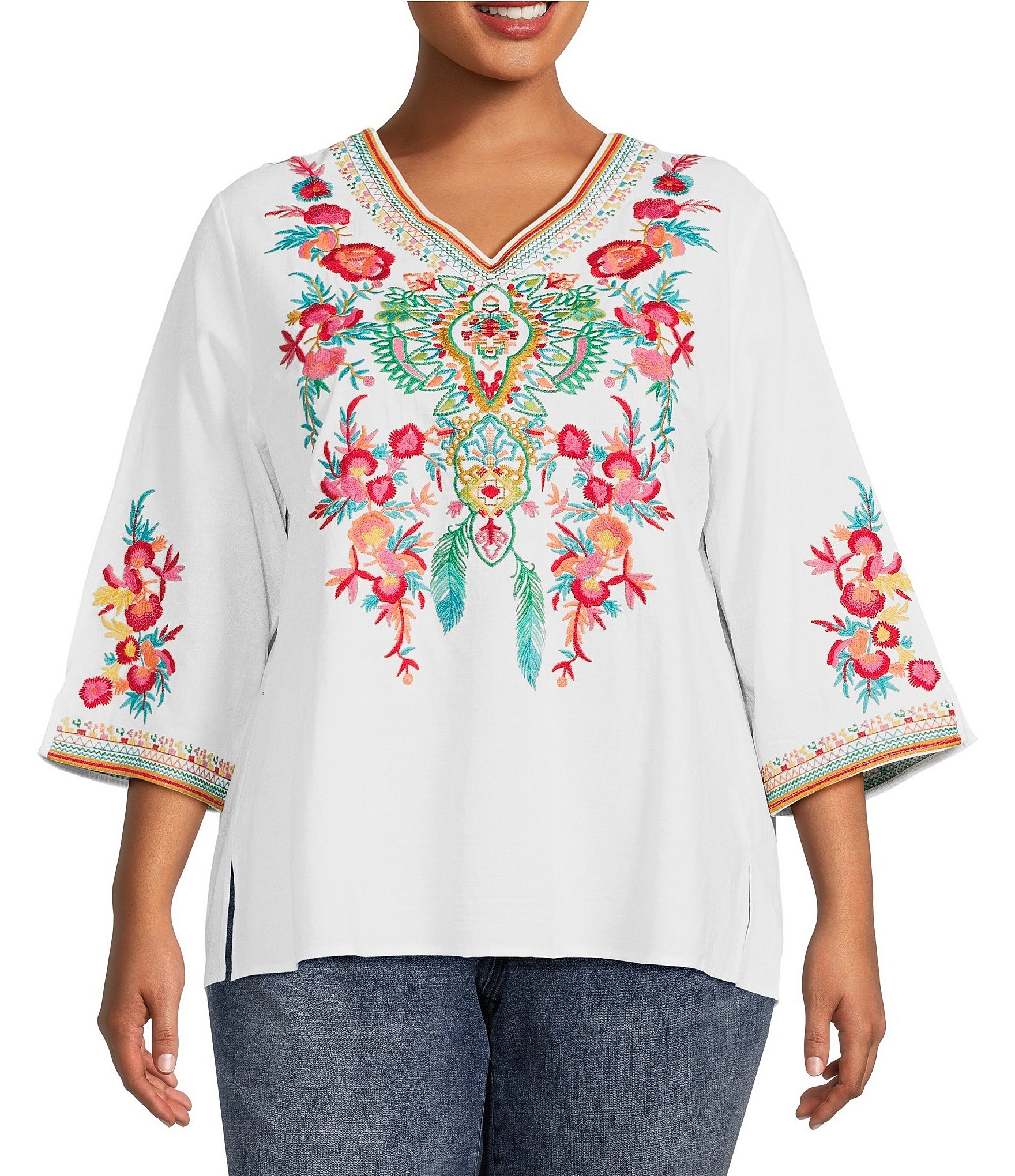 Calessa Plus Size Embroidered Patchwork Woven V-Neck 3/4 Sleeve Tunic ...