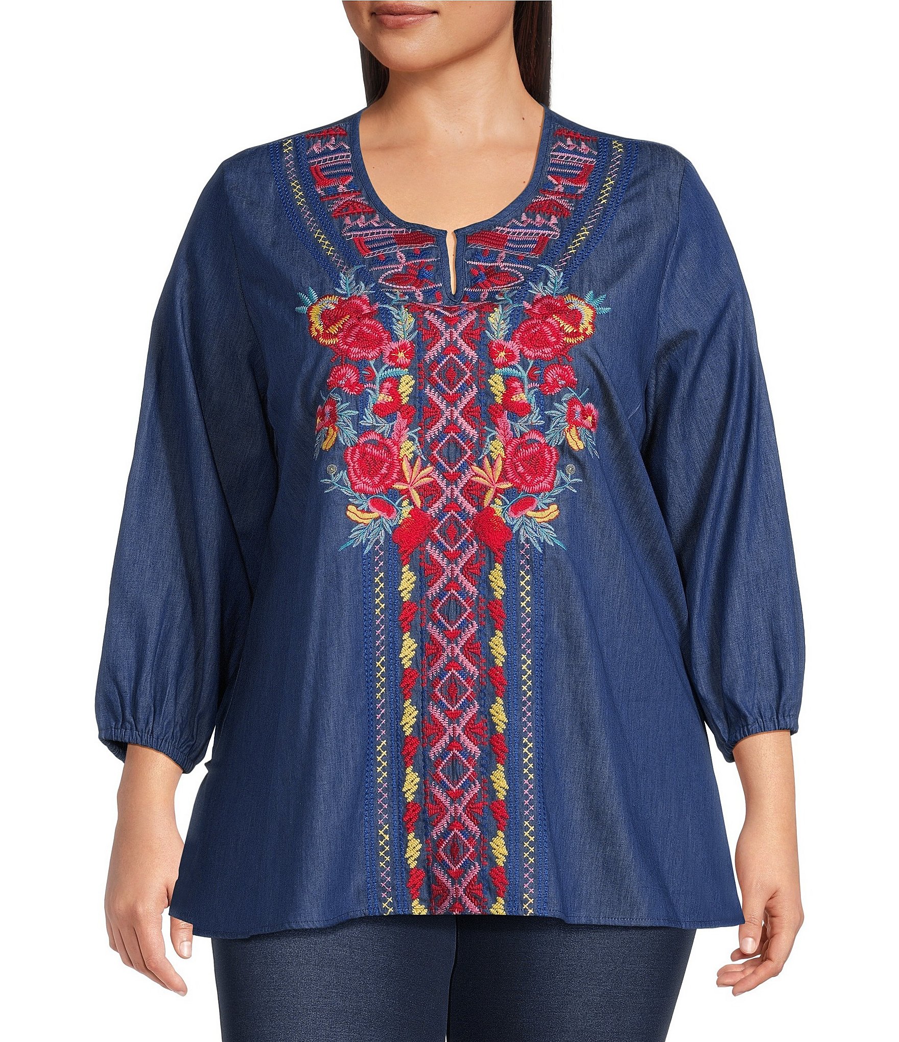 Calessa Plus Size Embroidered Round Split V Neck 3 4 Sleeve Tunic