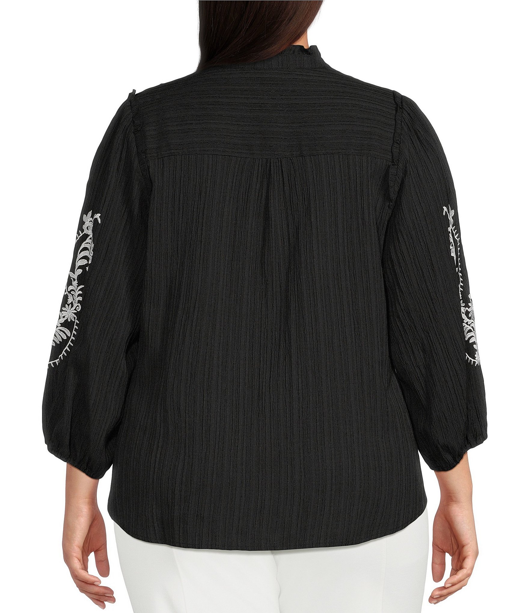 Calessa Plus Size Embroidered Ruffle Split V-Neck 3/4 Sleeve Button Front Tunic