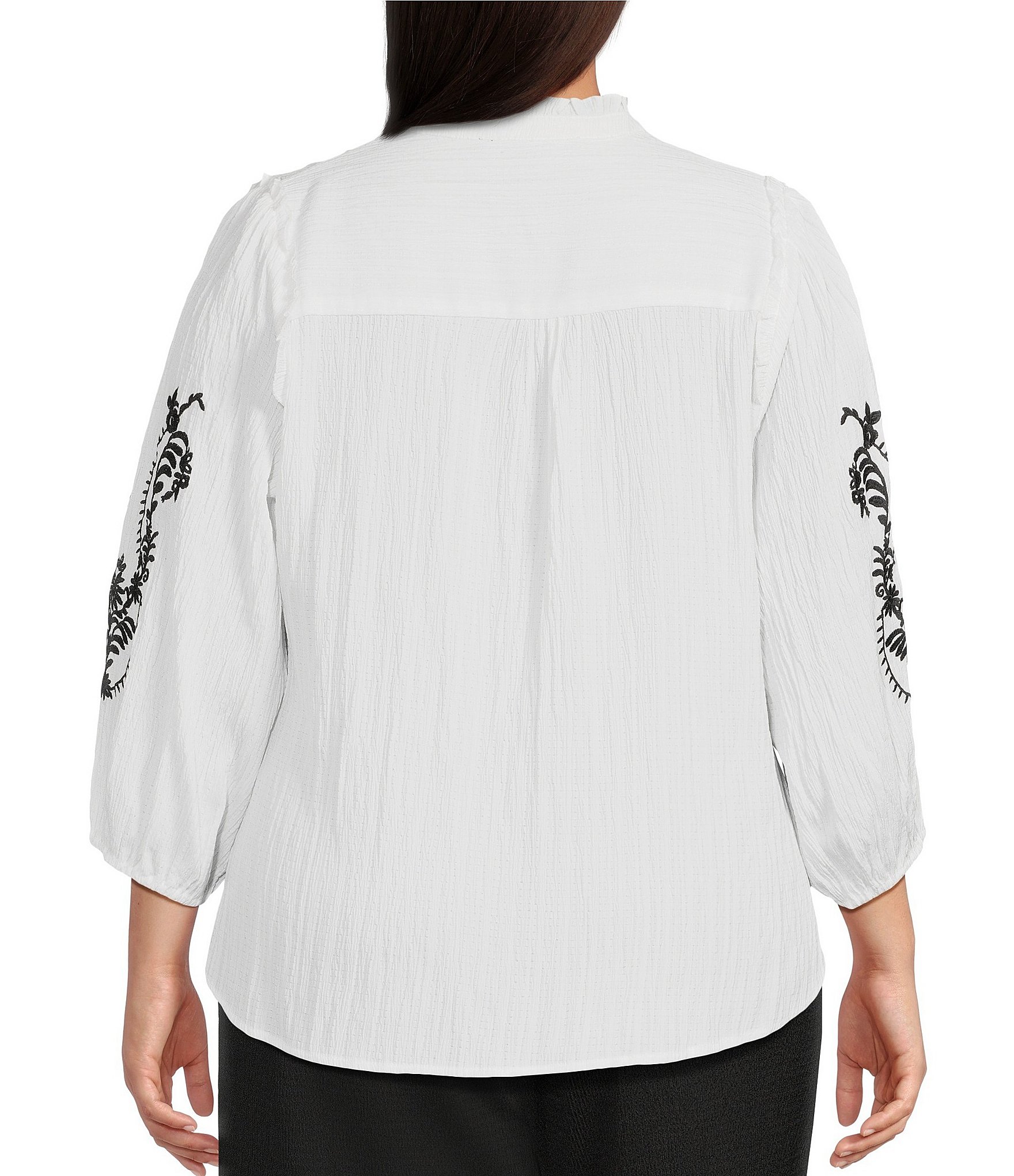 Calessa Plus Size Embroidered Ruffle Split V-Neck 3/4 Sleeve Button Front Tunic