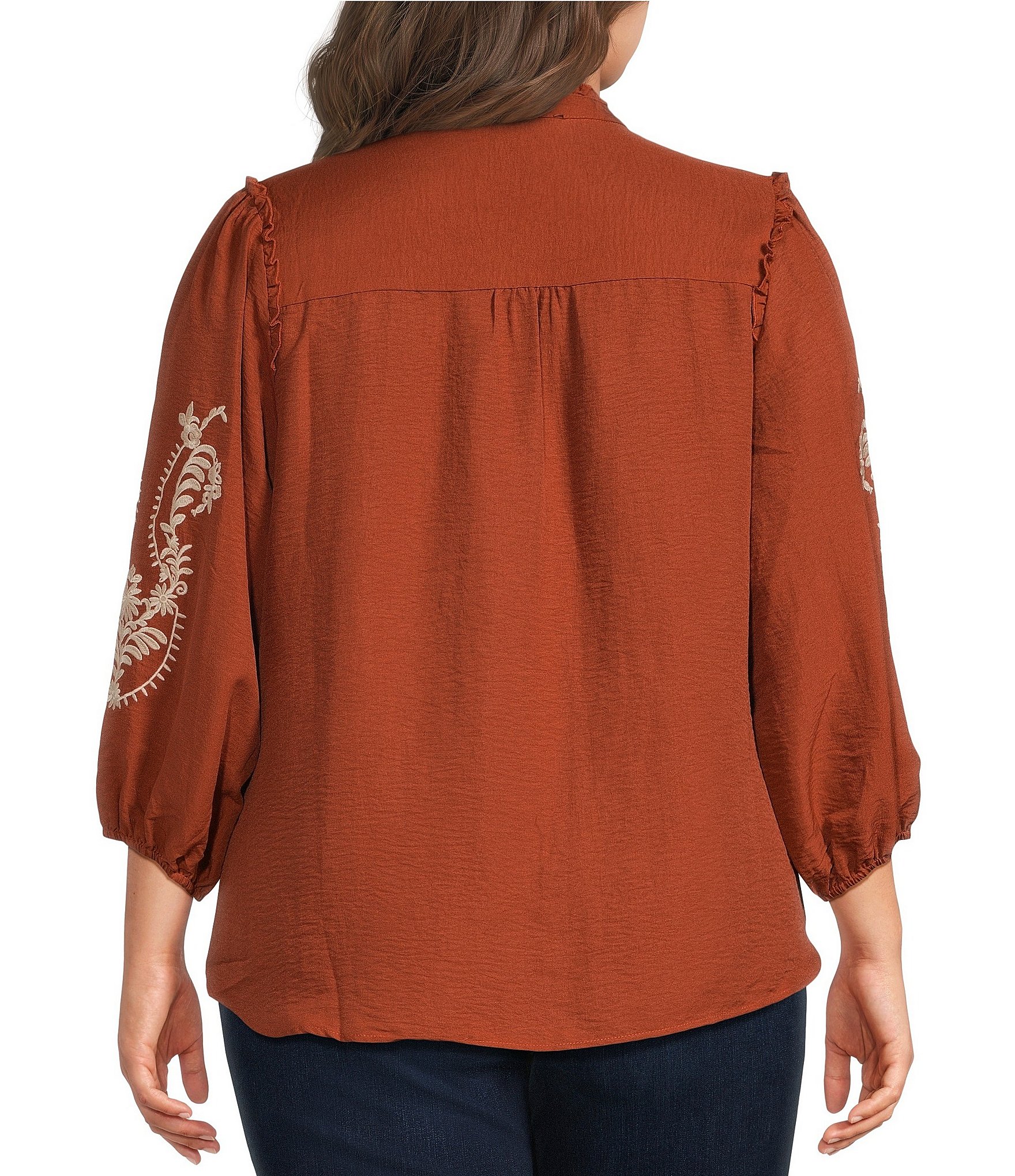 Calessa Plus Size Embroidered Ruffle Split V-Neck 3/4 Sleeve Button Front Tunic