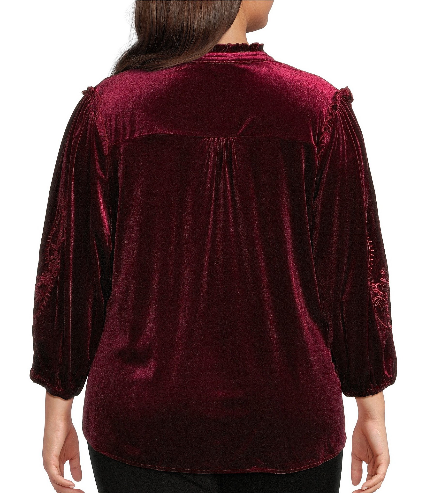 Calessa Plus Size Embroidered Ruffle Split V-Neck Long Sleeve Button-Front Velvet Tunic