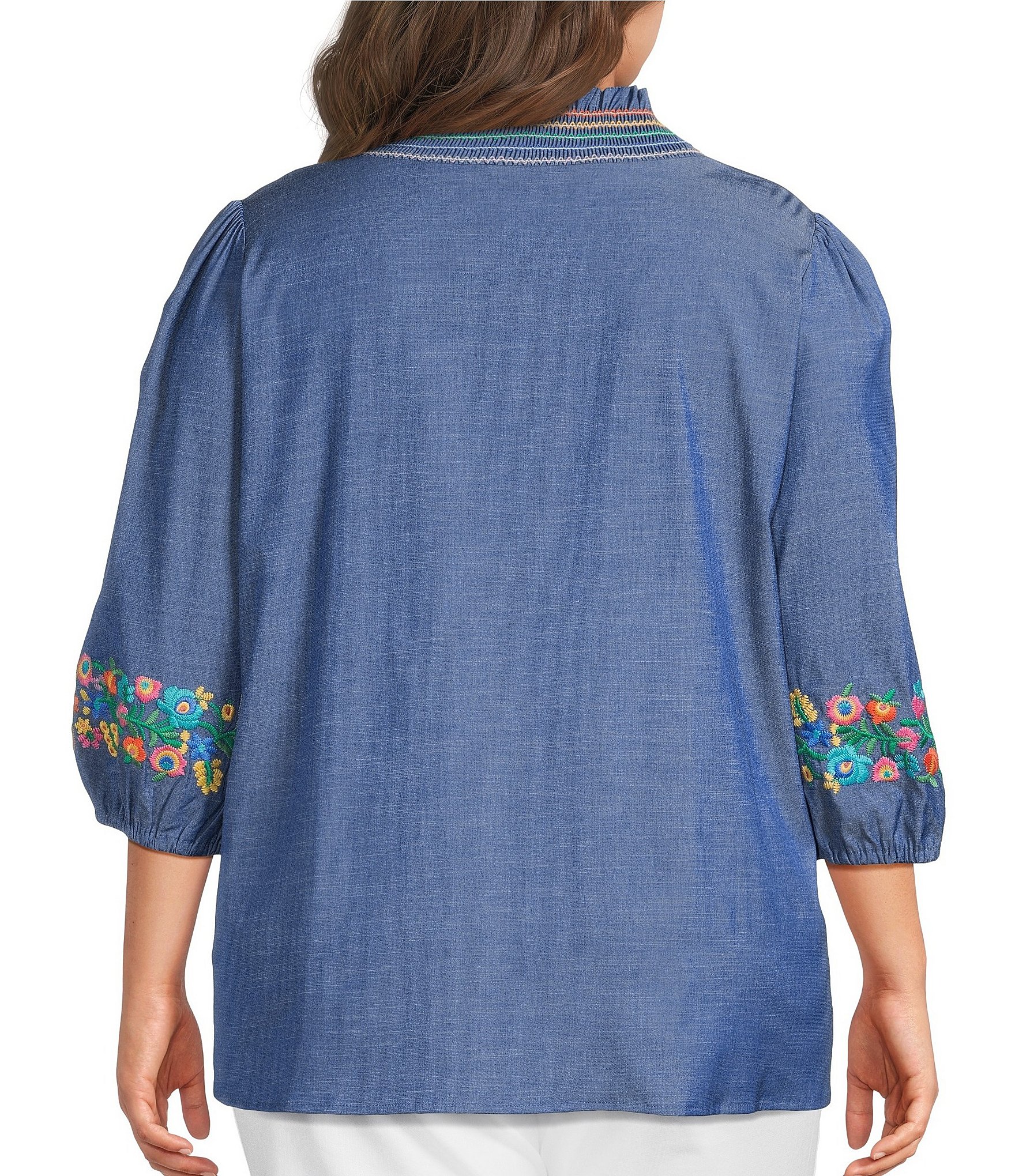 Calessa Plus Size Embroidered Ruffled Split V-Neck 3/4 Sleeve Tunic