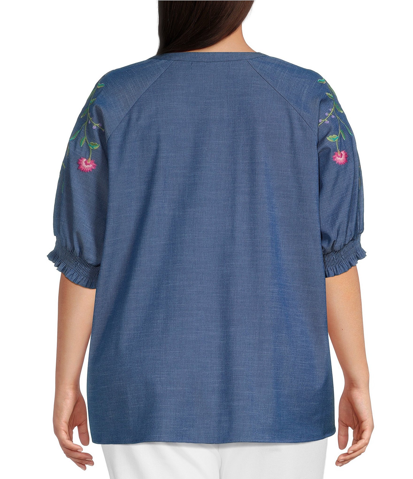 Calessa Plus Size Embroidered Split Round Neck Elbow Raglan Sleeve Top