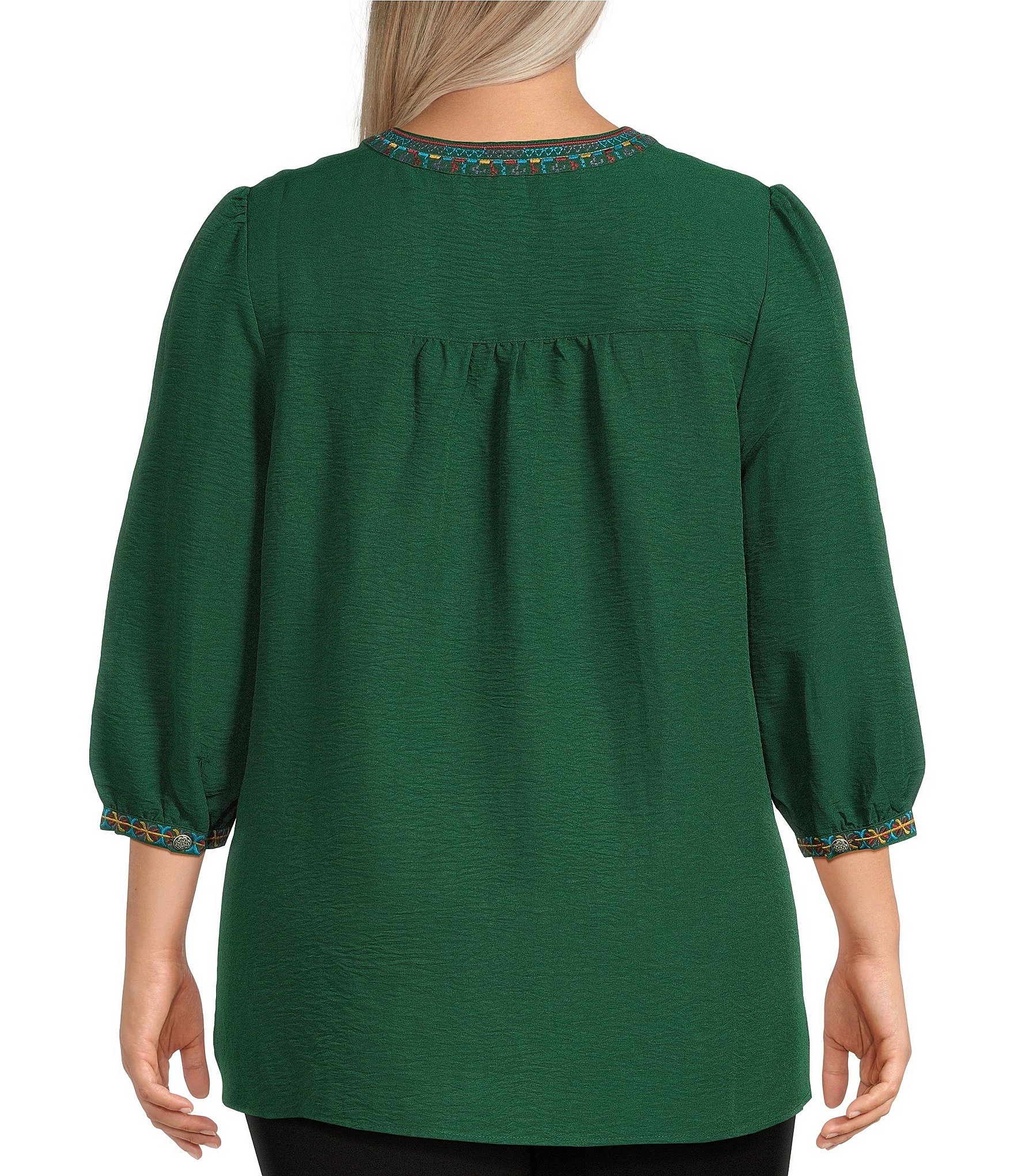 Calessa Plus Size Embroidered Split V-Neck 3/4 Sleeve Tunic