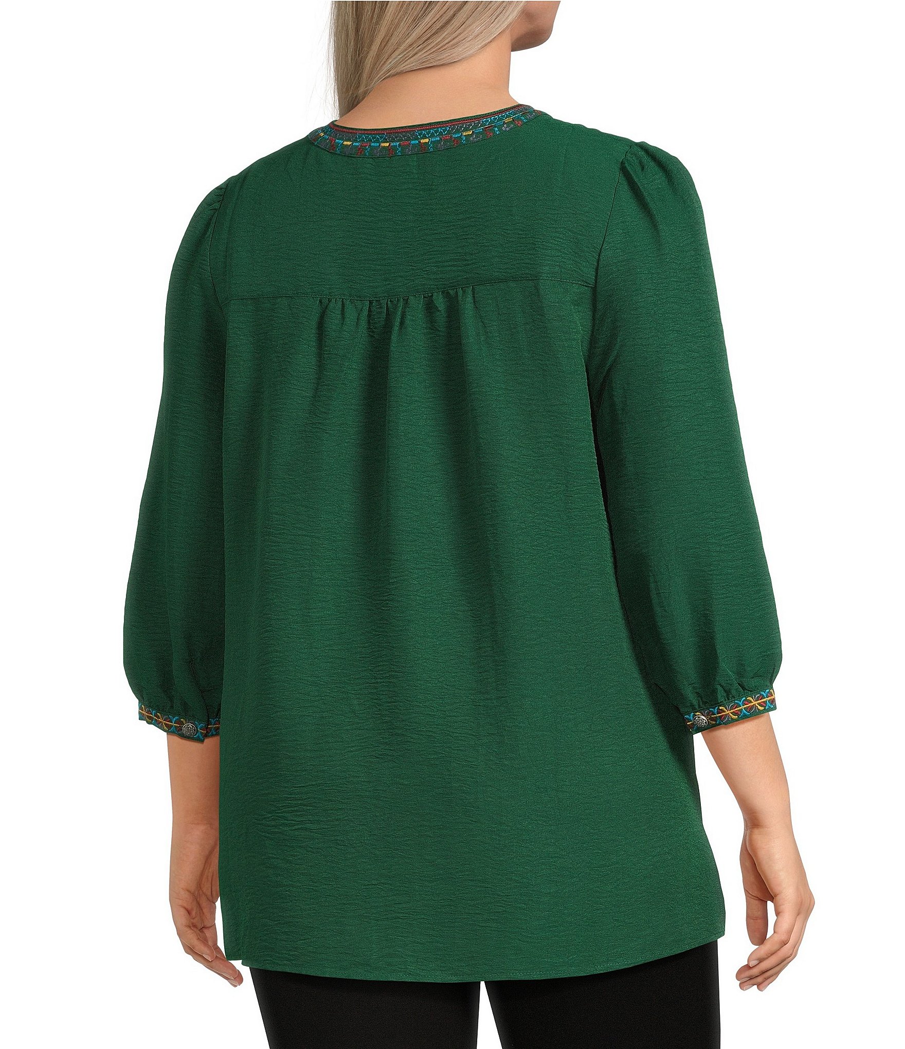 Calessa Plus Size Embroidered Split V-Neck 3/4 Sleeve Tunic