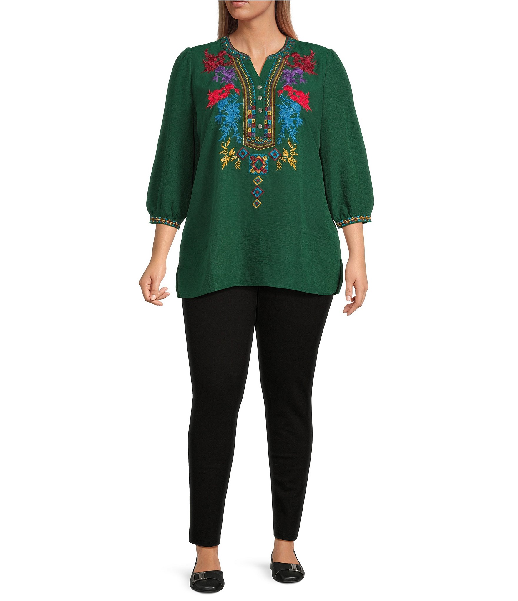 Calessa Plus Size Embroidered Split V-Neck 3/4 Sleeve Tunic