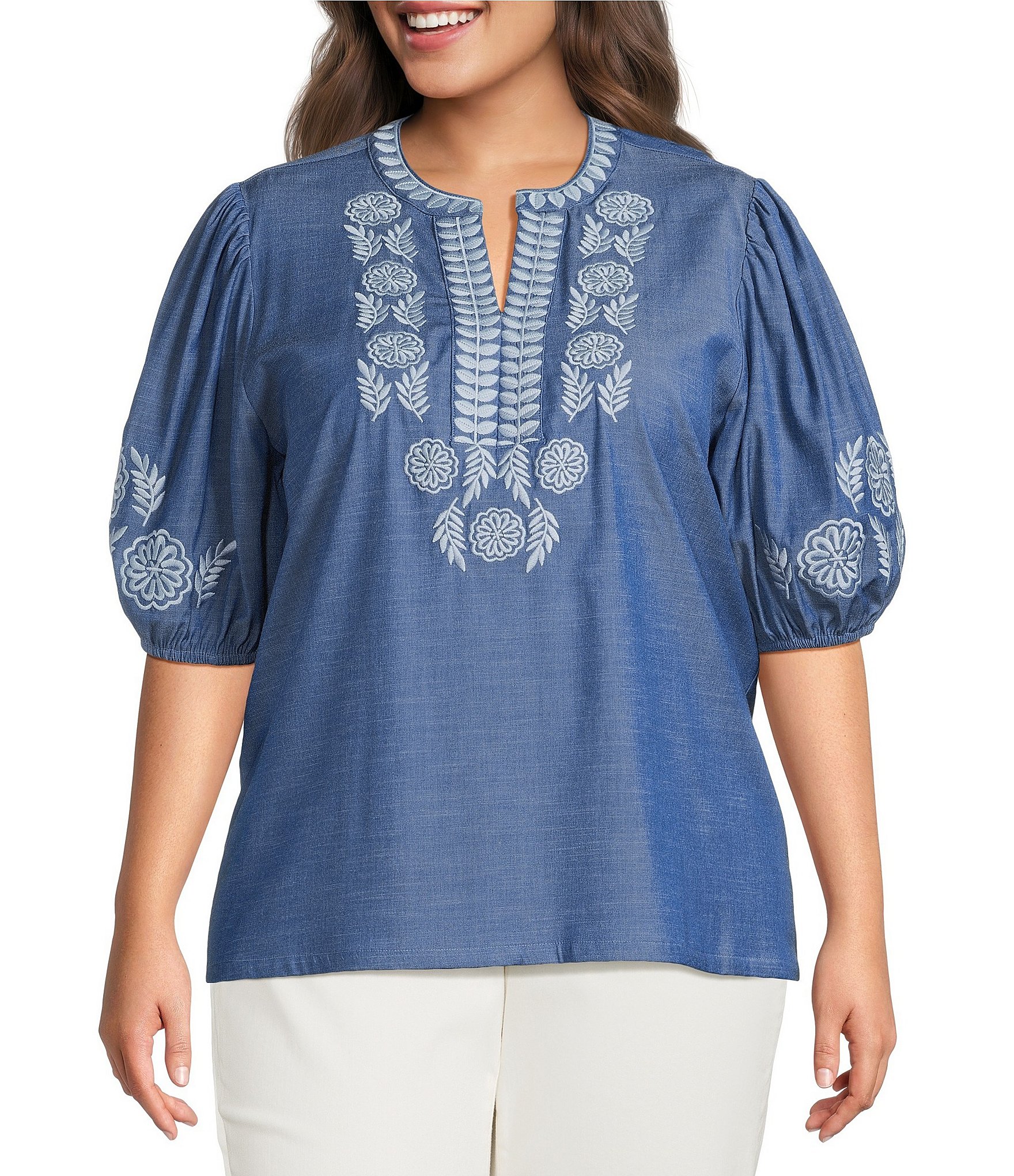 Calessa Plus Size Embroidered Split V-Neck Elbow Length Sleeve Tunic
