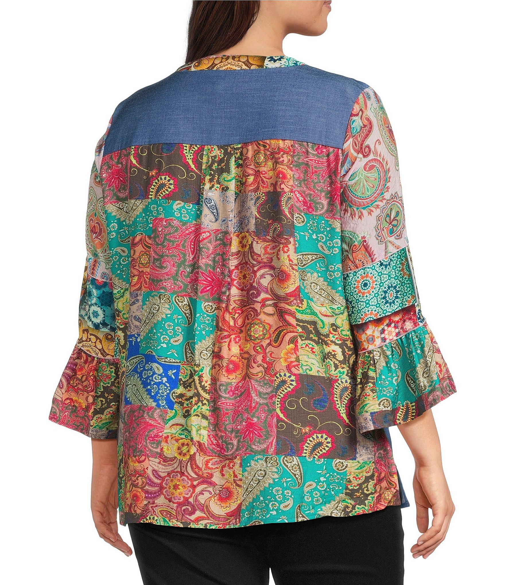 Calessa Plus Size Embroidered Split V-Neck Patchwork-Sleeve Tunic