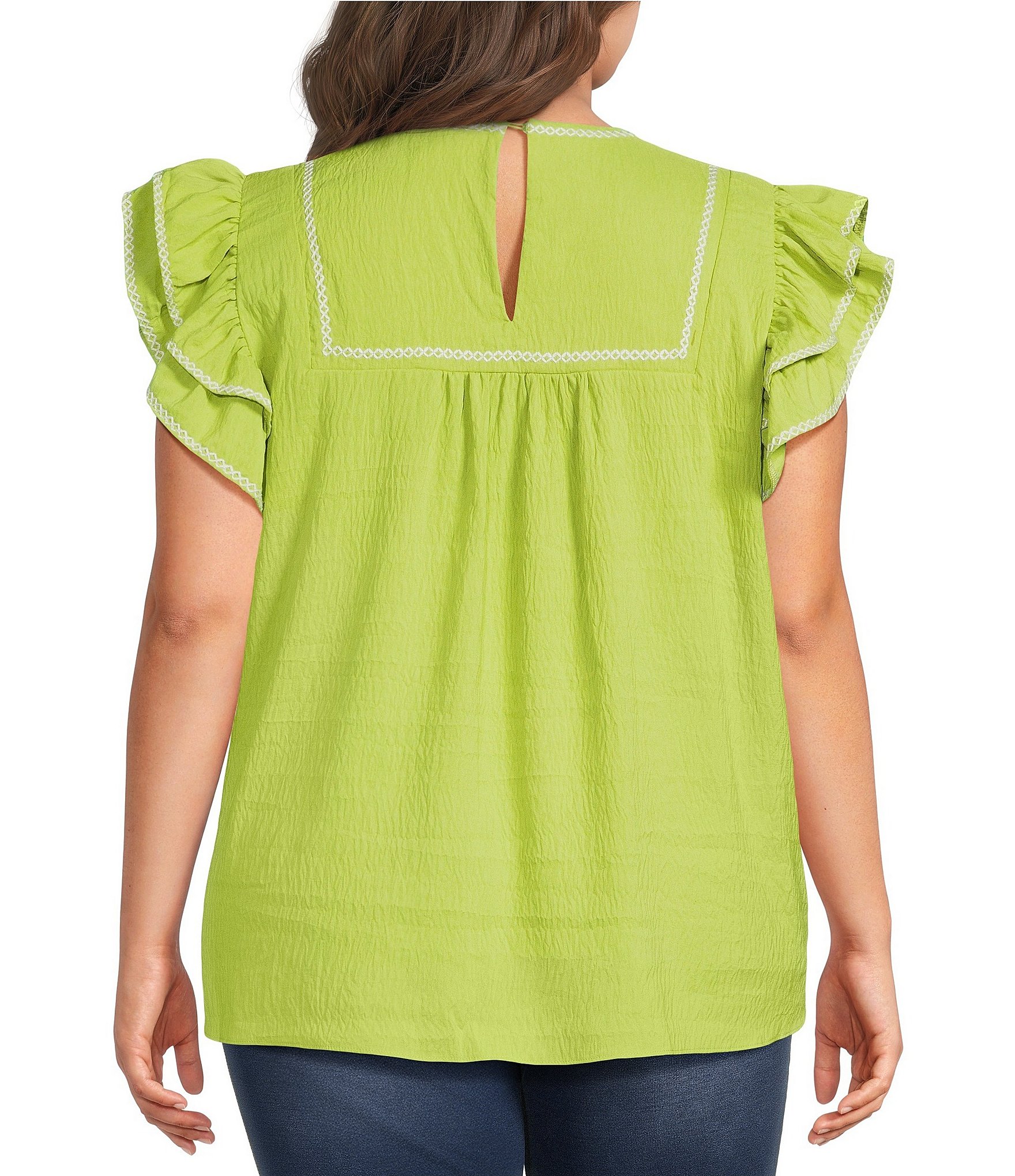 Calessa Plus Size Embroidered Split V-Neck Ruffle Sleeve Tunic