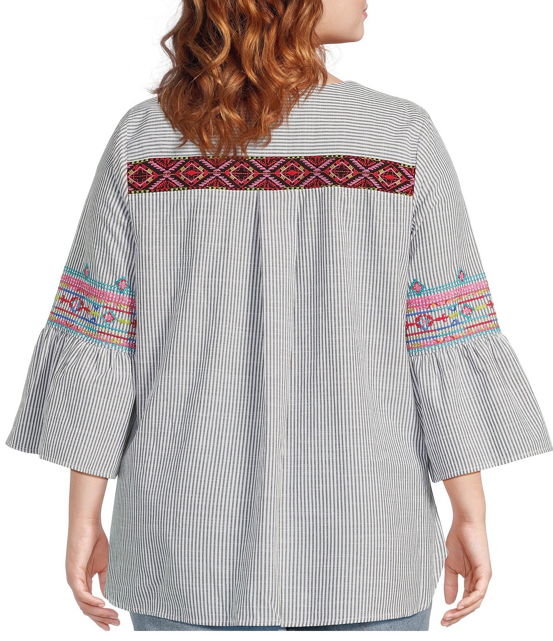 Calessa Plus Size Embroidered Stripe Patchwork Round Split V-Neck 3/4 Sleeve Tunic
