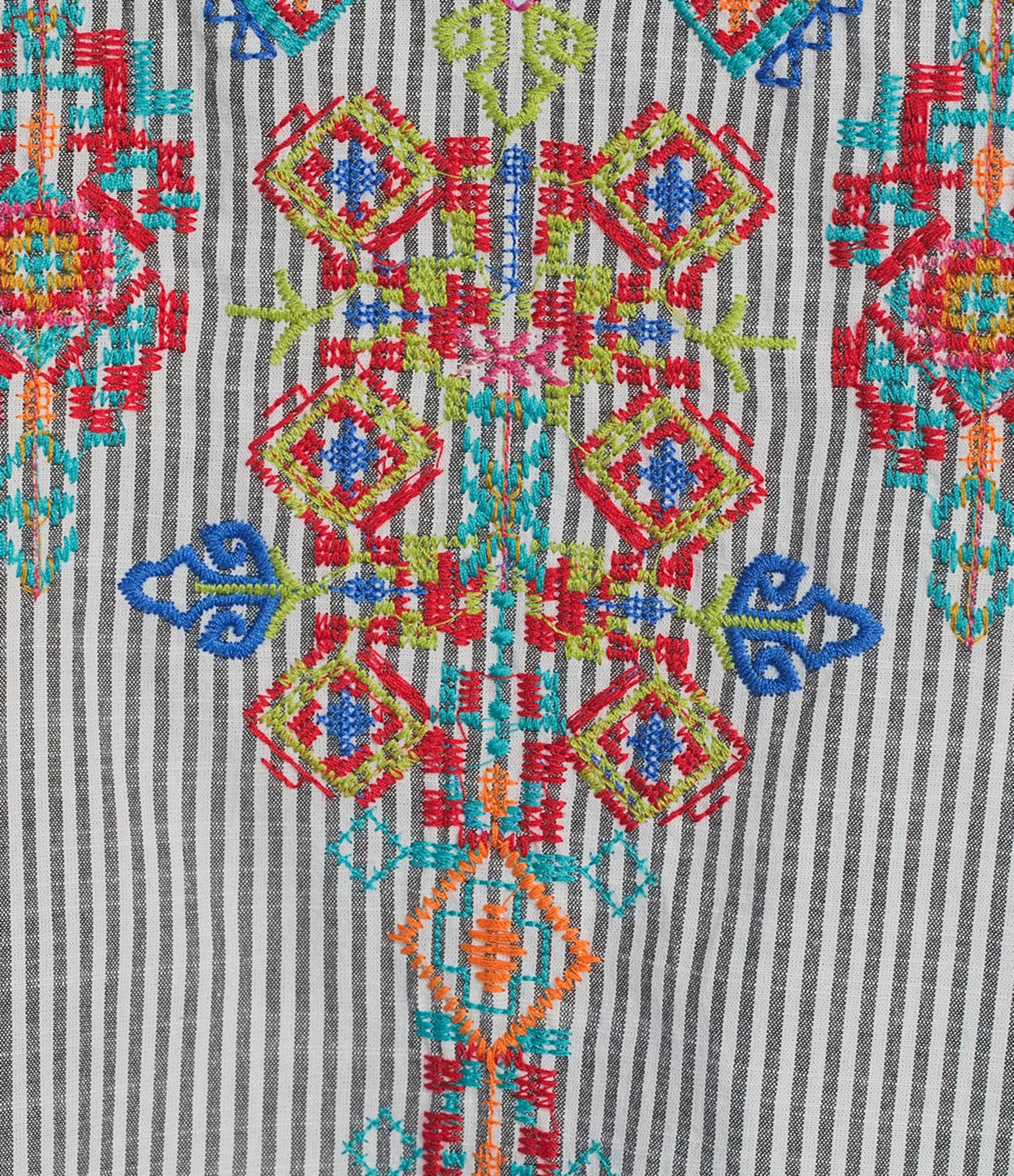 Calessa Plus Size Embroidered Stripe Patchwork Round Split V-Neck 3/4 Sleeve Tunic