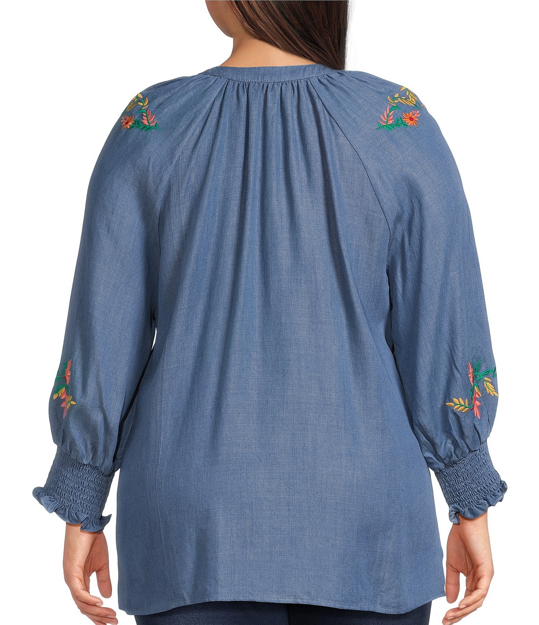 Calessa Plus Size Embroidered Tencel Split Neck 3/4 Sleeve Button Front Tunic