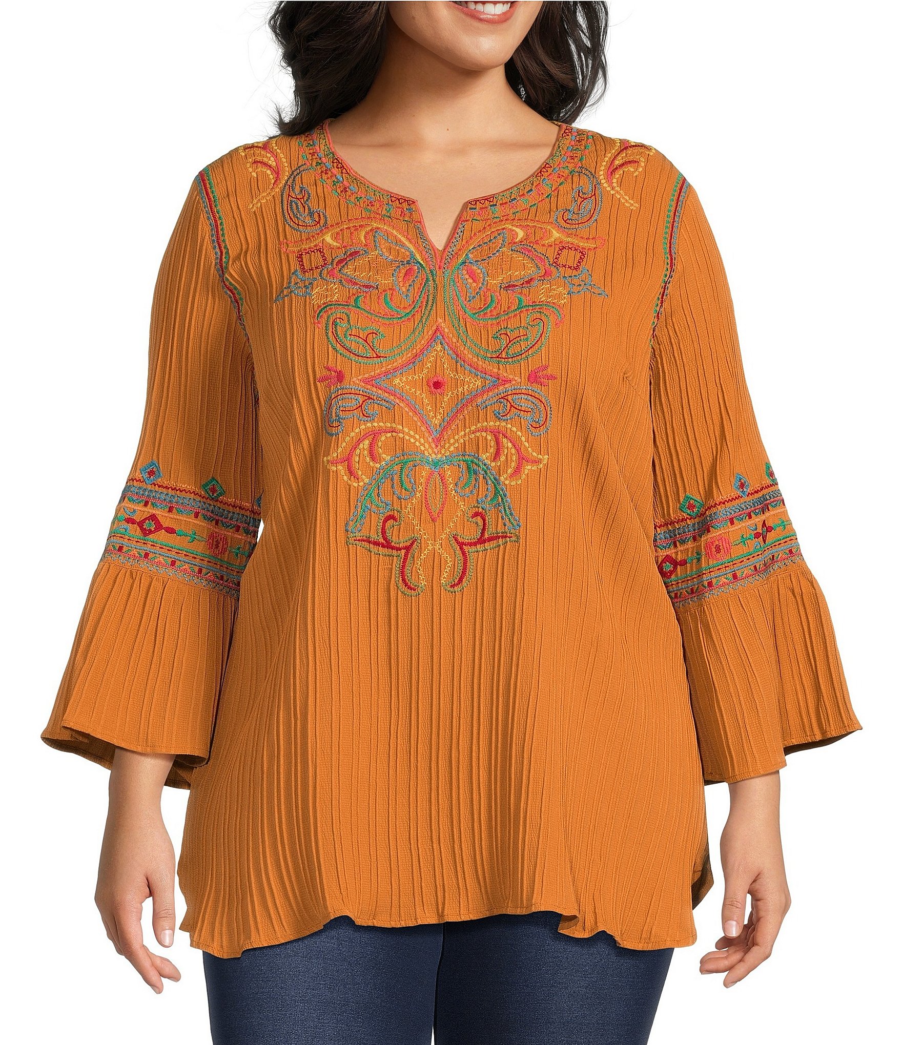 Calessa Plus Size Embroidered Textured Split V-Neck 3/4 Bell Sleeve ...