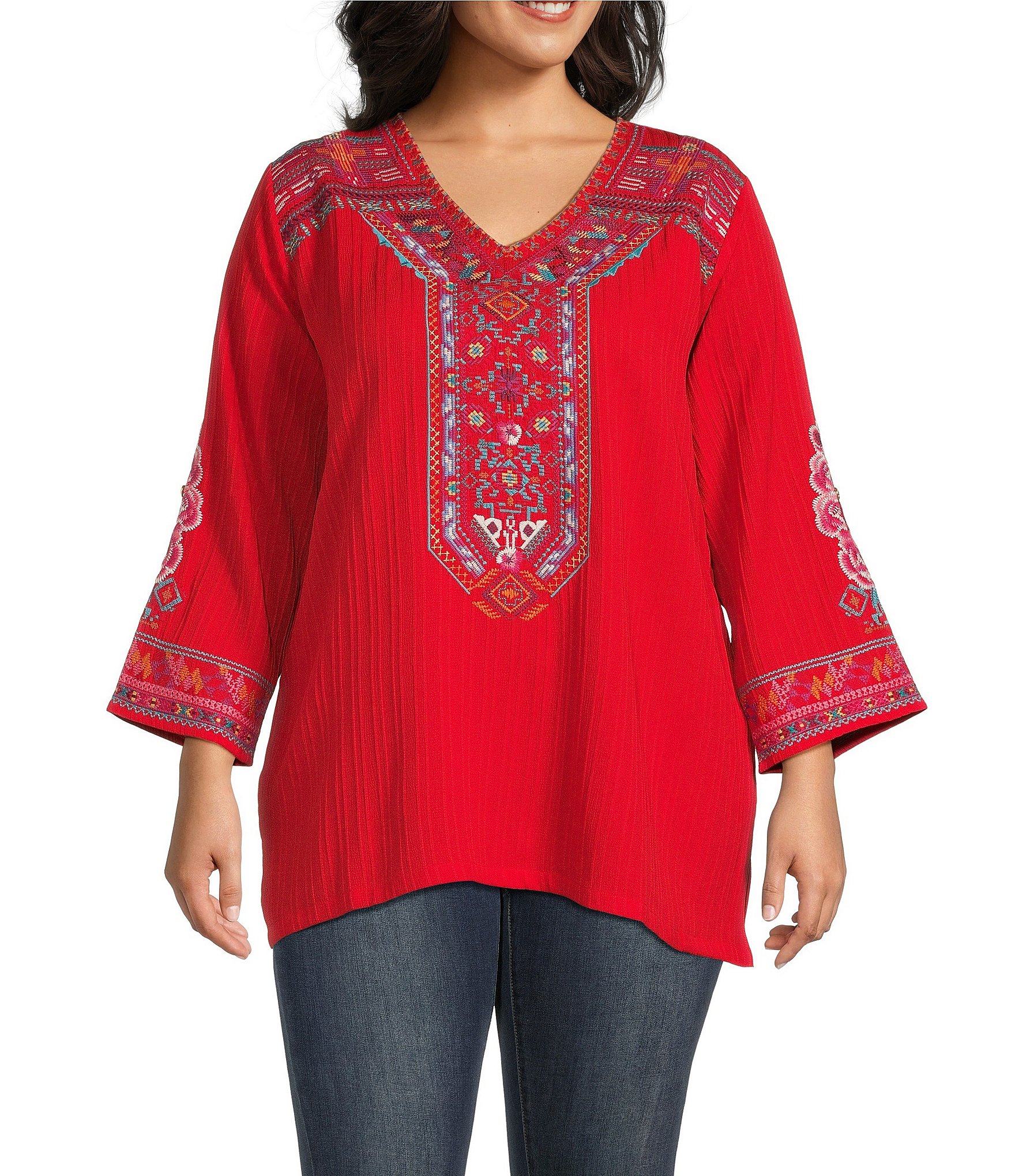 Calessa Plus Size Embroidered Textured Woven V-Neck 3/4 Sleeve Tunic ...