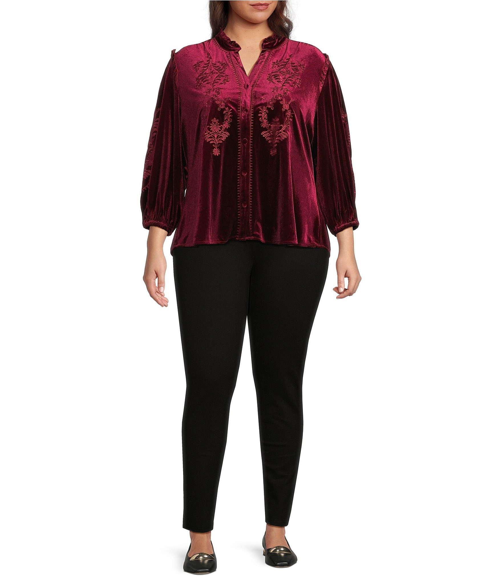 Calessa Plus Size Embroidered Velvet Ruffled Split V-Neck Long Sleeve Button-Front Tunic