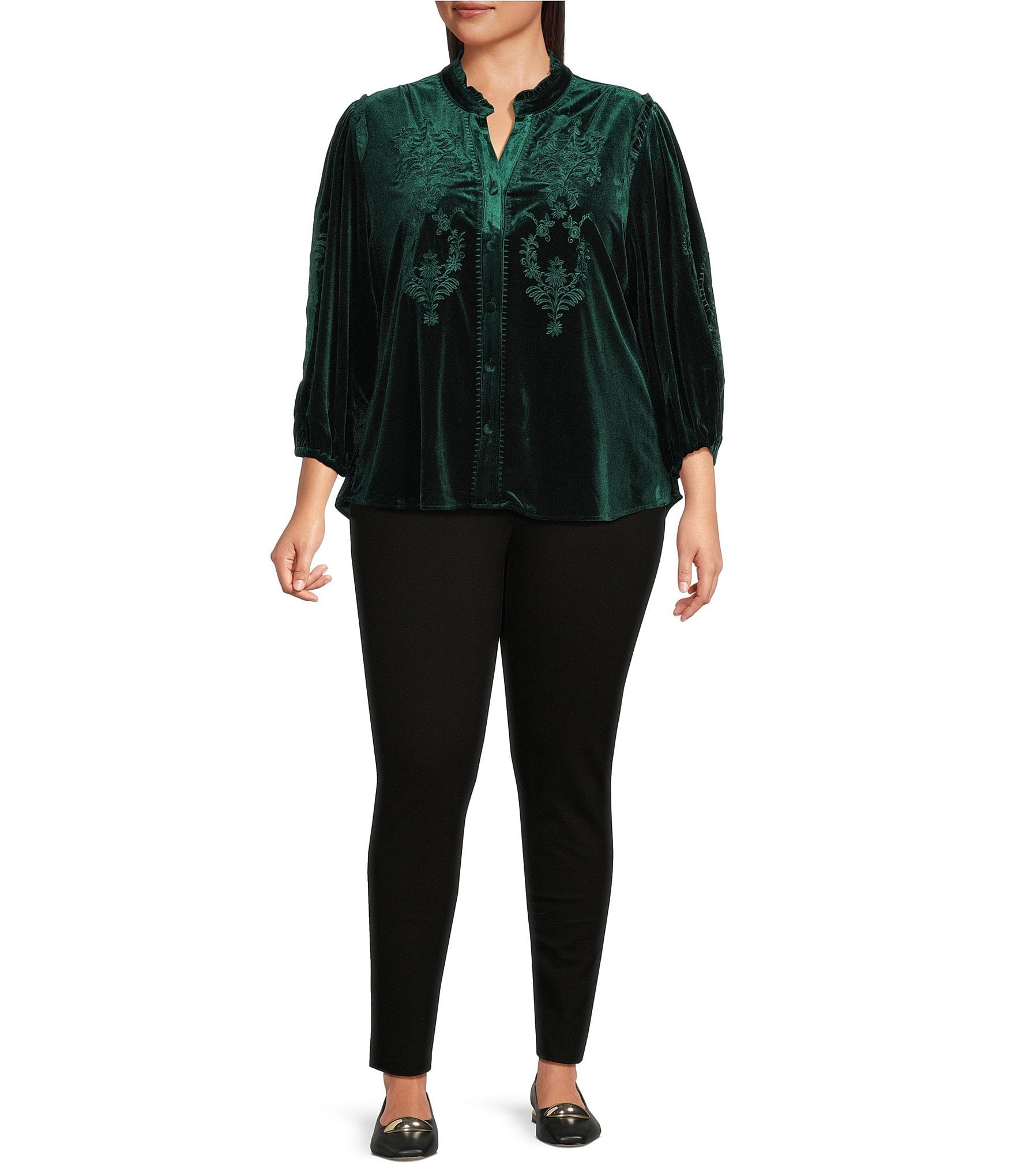 Calessa Plus Size Embroidered Velvet Ruffled Split V-Neck Long Sleeve Button-Front Tunic