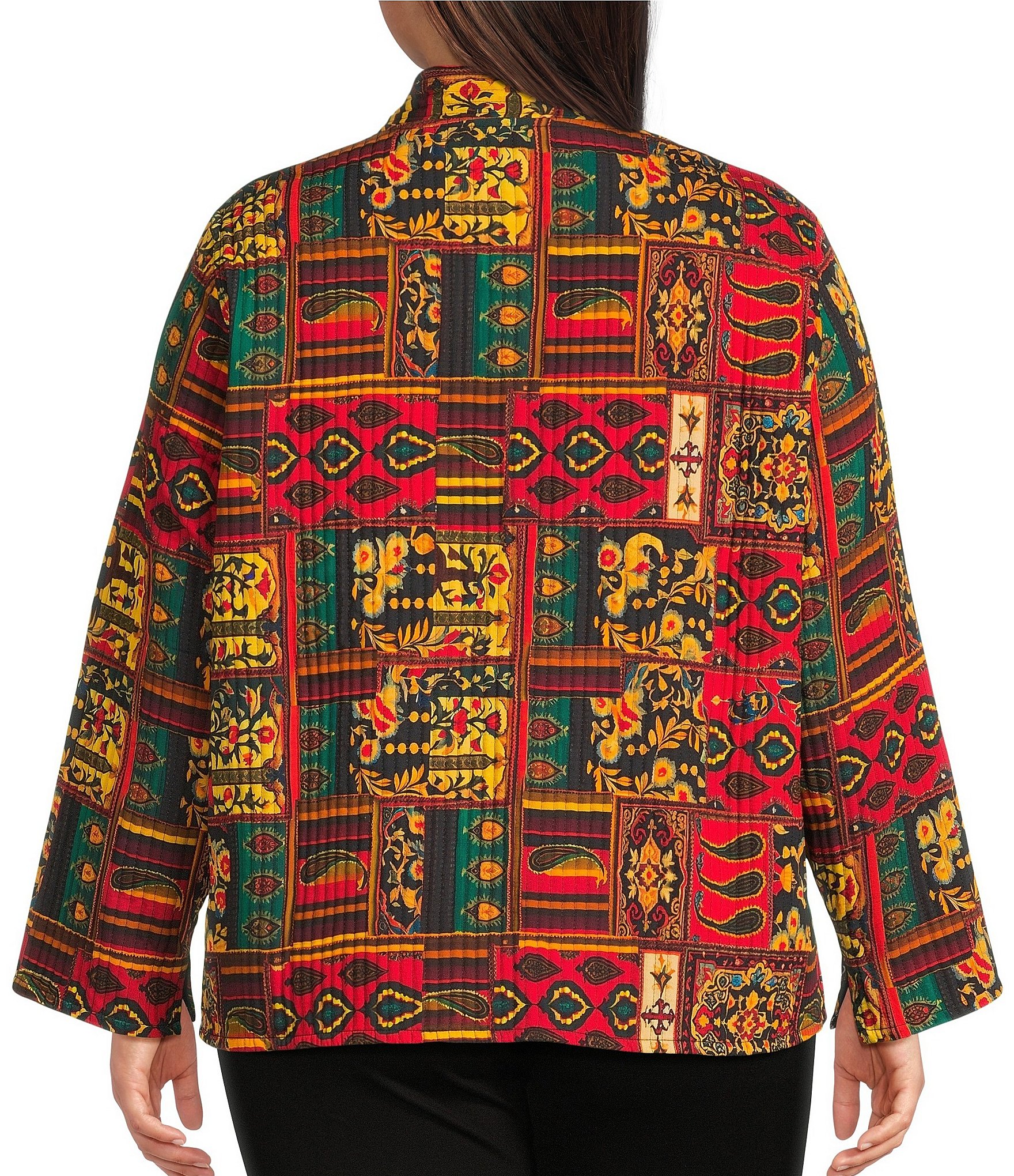 Calessa Plus Size Festive Patchwork Stand Collar Long Sleeve Button-Front Reversible Shirt Jacket