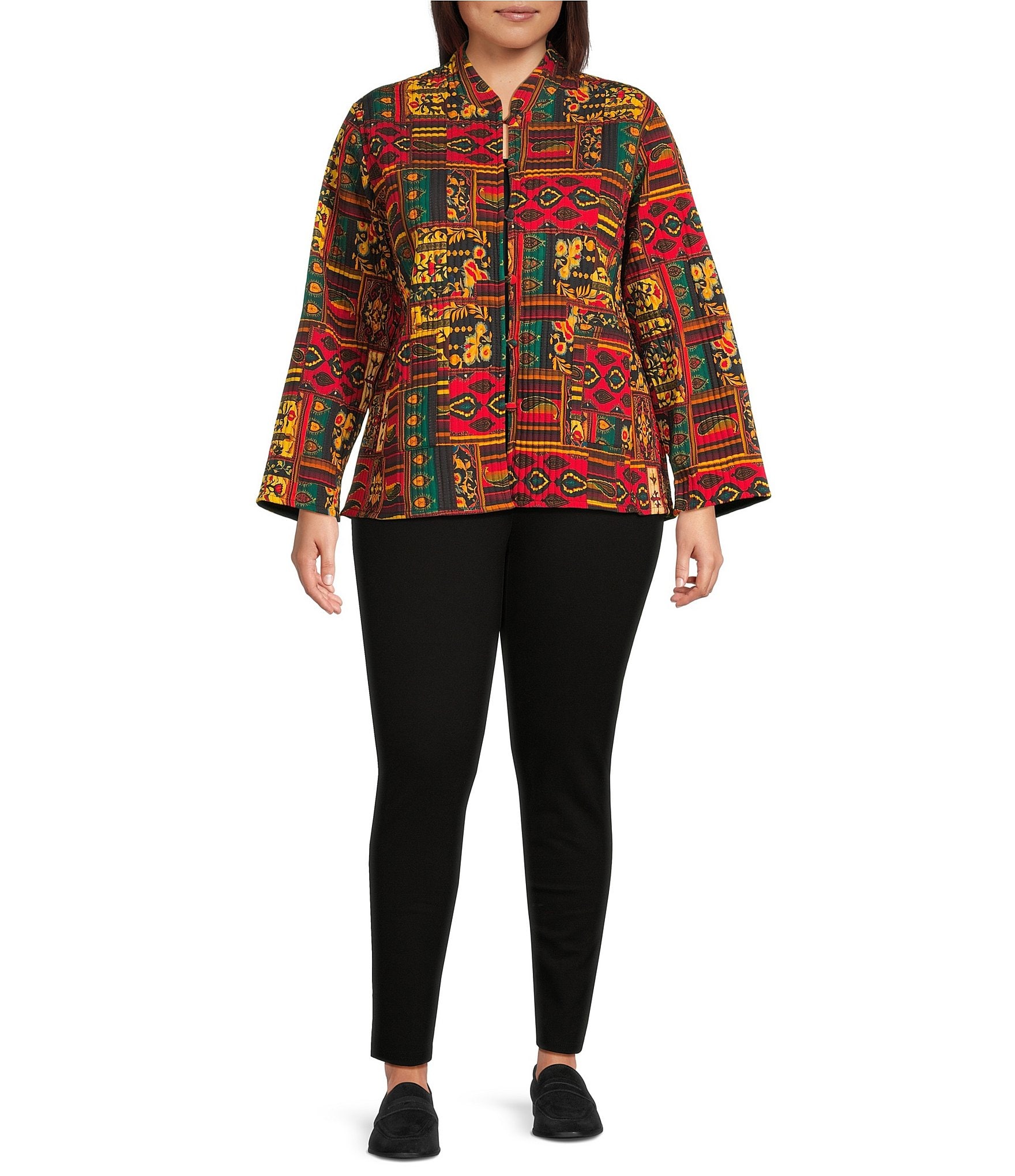 Calessa Plus Size Festive Patchwork Stand Collar Long Sleeve Button-Front Reversible Shirt Jacket