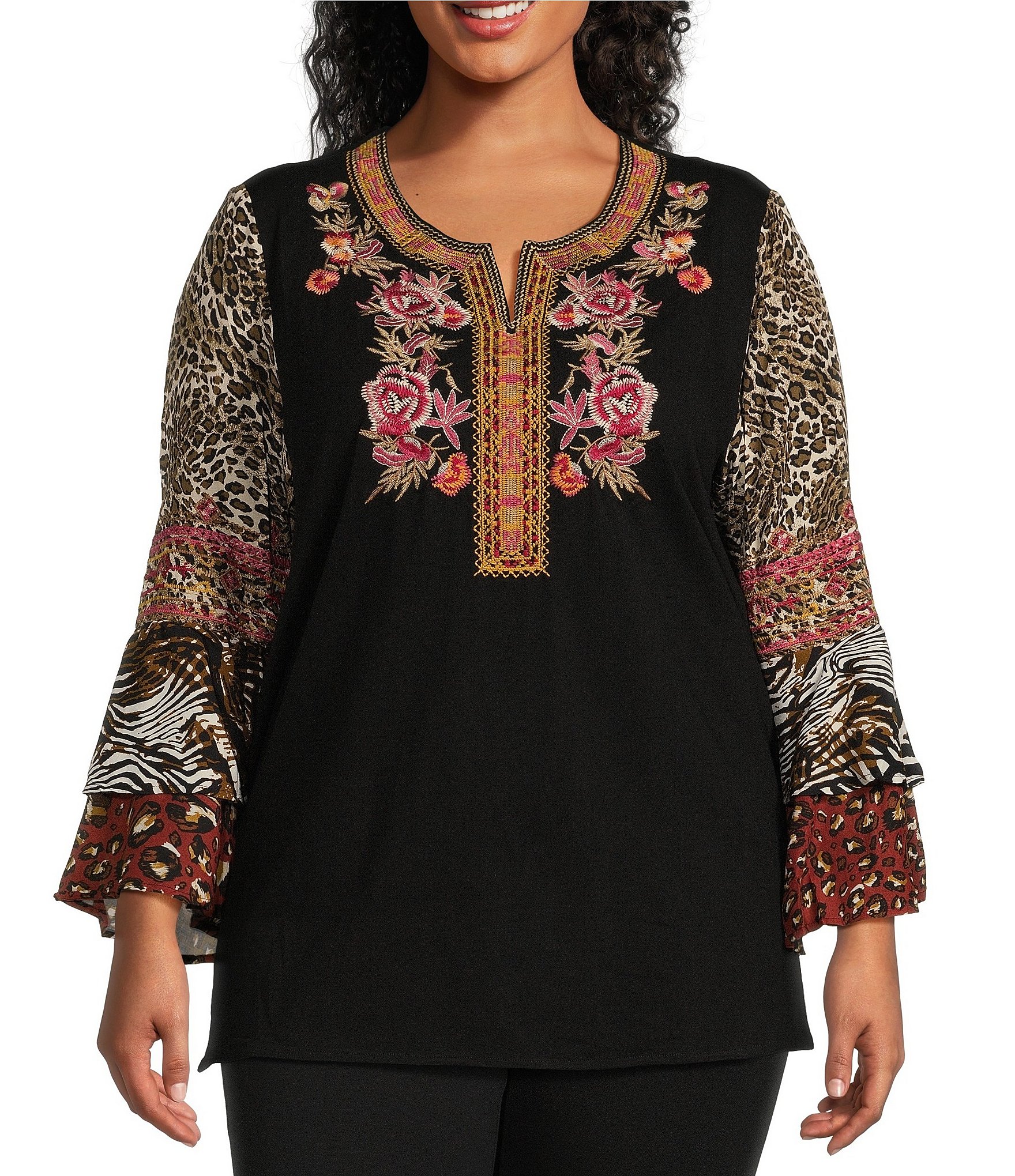 Calessa Plus Size Floral Embroidered Patchwork Knit Split Crew Neck 3/4 ...