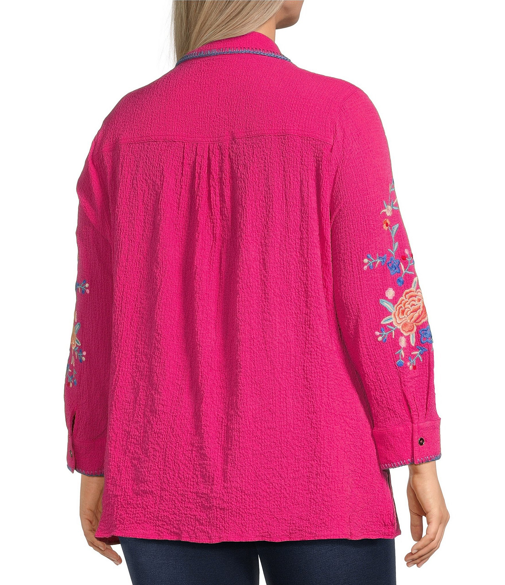 Calessa Plus Size Floral Embroidered Point Collar Long Sleeve Button Front Tunic
