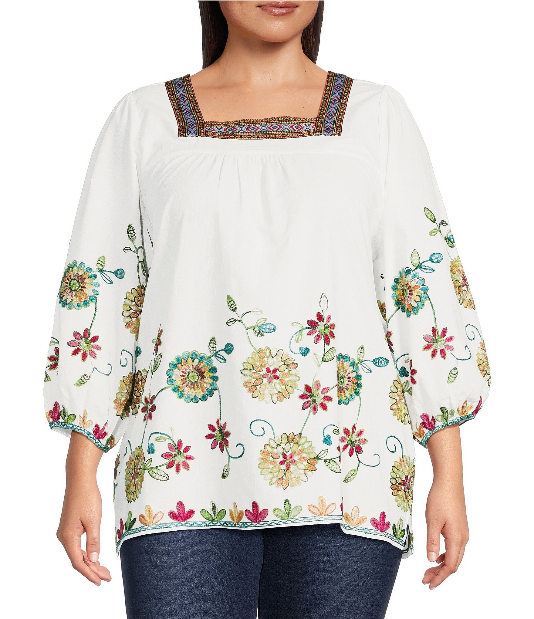 Calessa Plus Size Floral Embroidered Square Neck 3/4 Sleeve Tunic ...