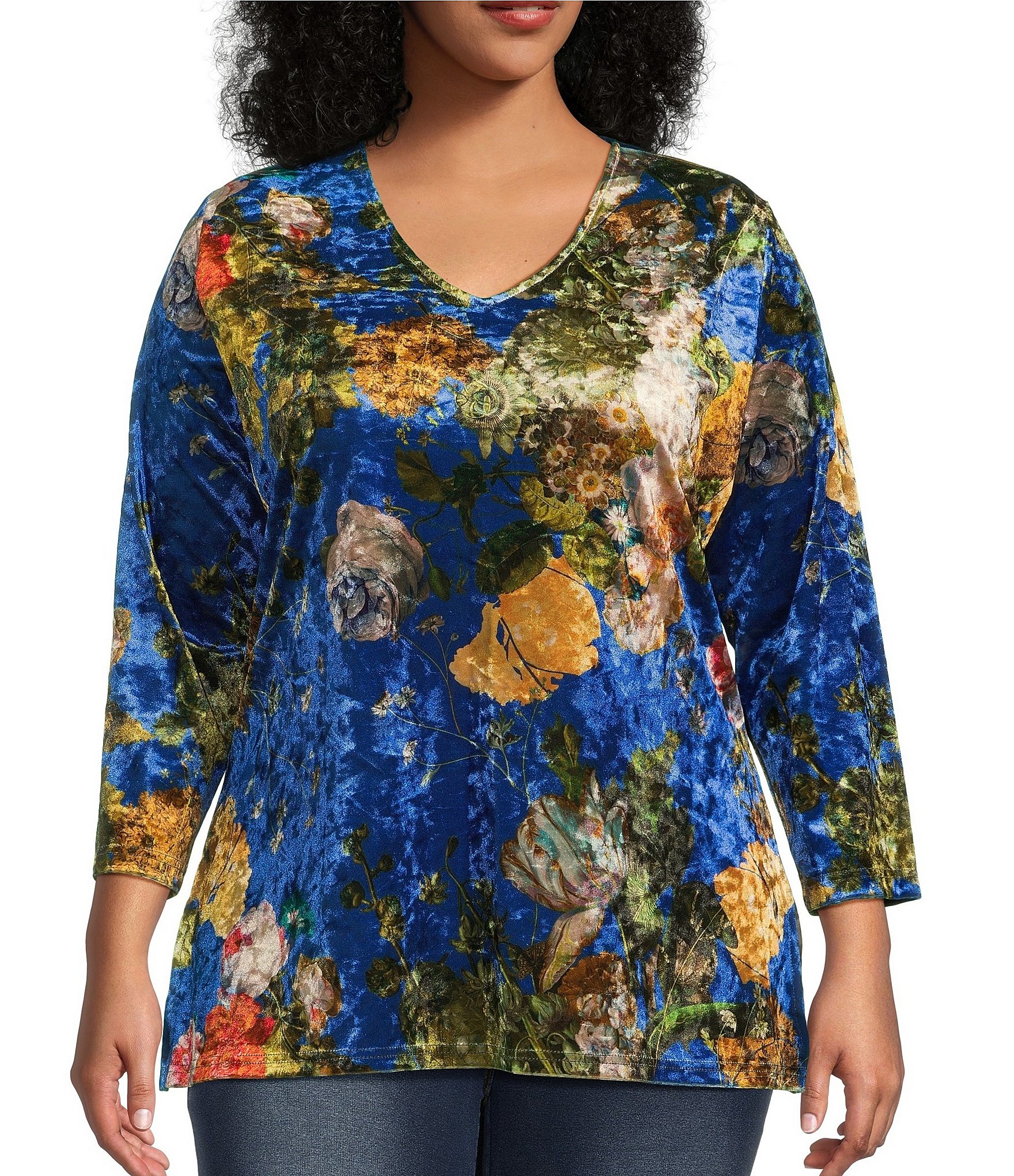 Calessa Plus Size Floral Print Velvet Knit V Neck 3 4 Sleeve Tunic