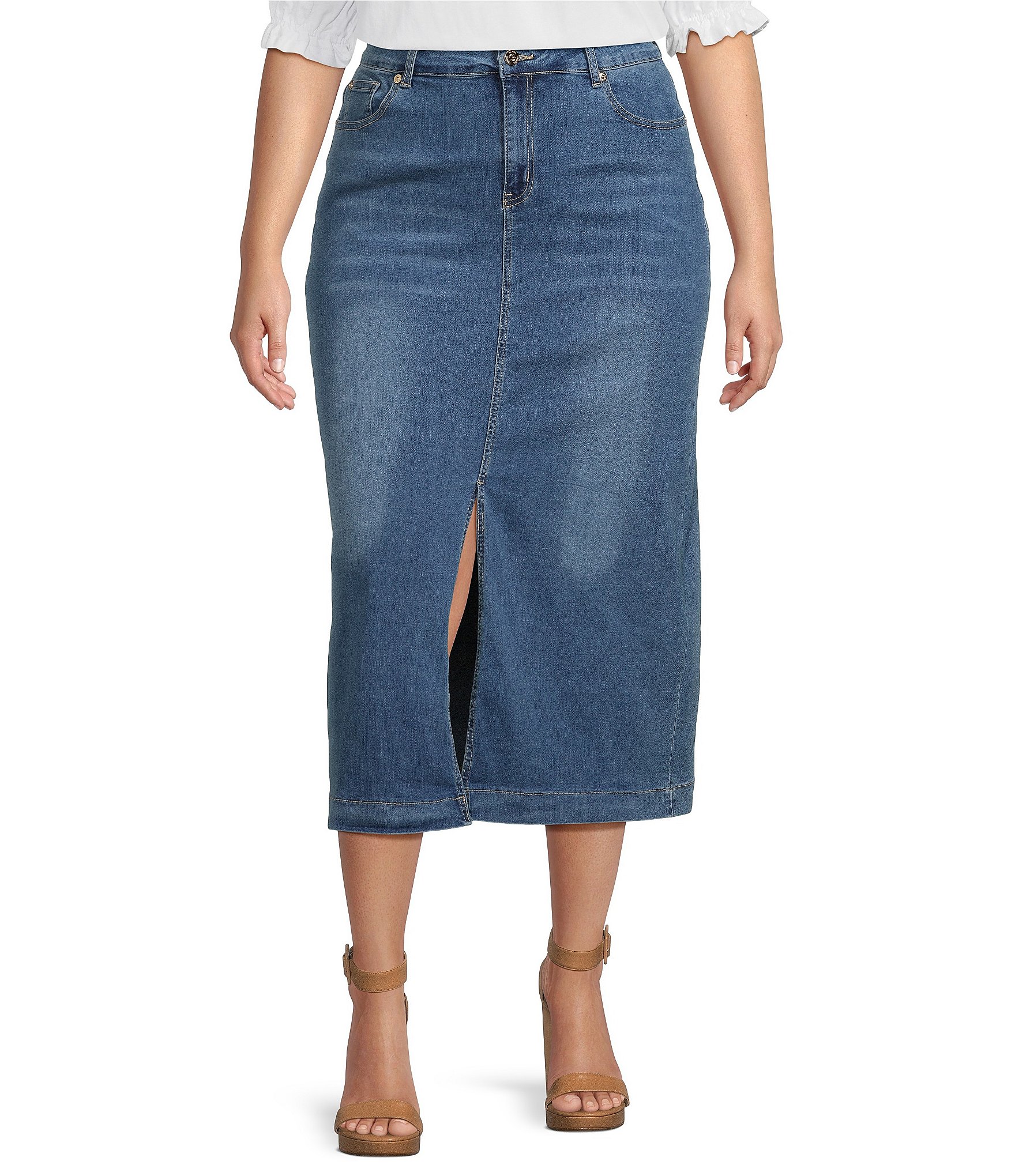 Calessa Plus Size Front Slit Midi Denim Skirt | Dillard's