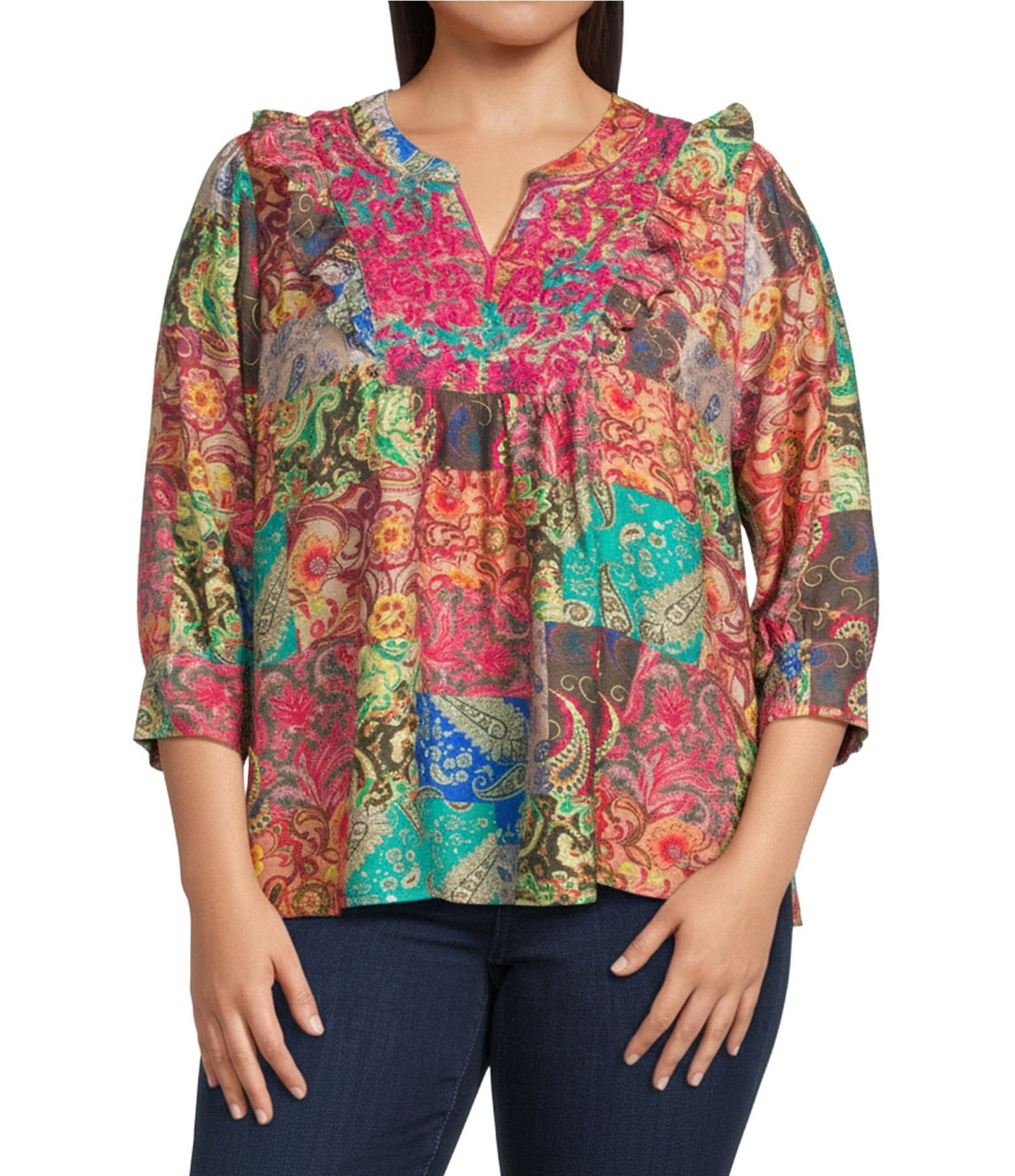 Calessa Plus Size Italian Patchwork Floral Split V-Neck Ruffle 3/4 Sleeve Top