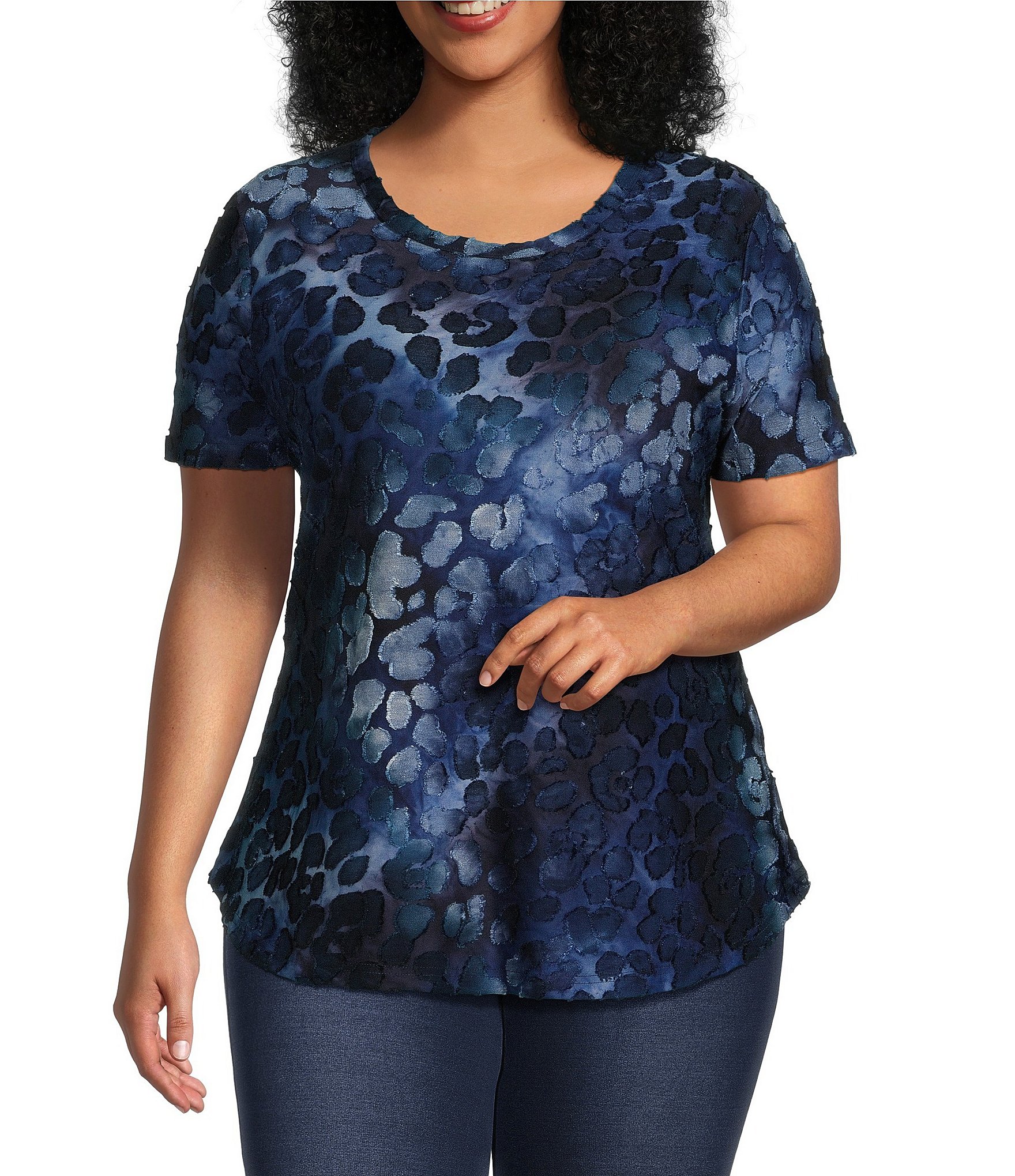 Calessa Plus Size Jacquard Burnout Jewel Neck Short Sleeve Abstract ...
