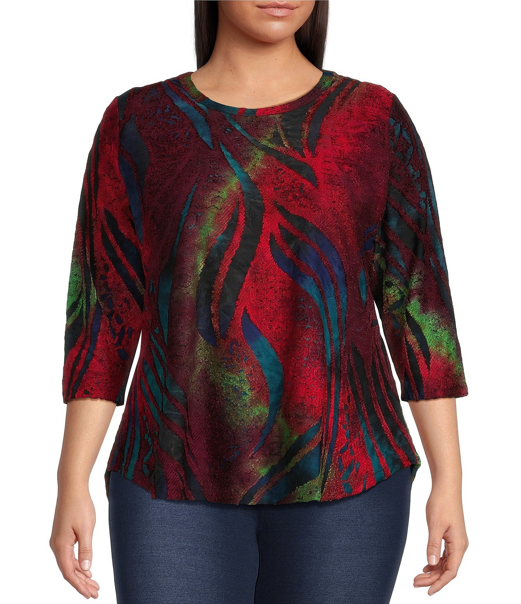 Calessa Plus Size Jacquard Burnout Knit Crew Neck 3/4 Sleeve