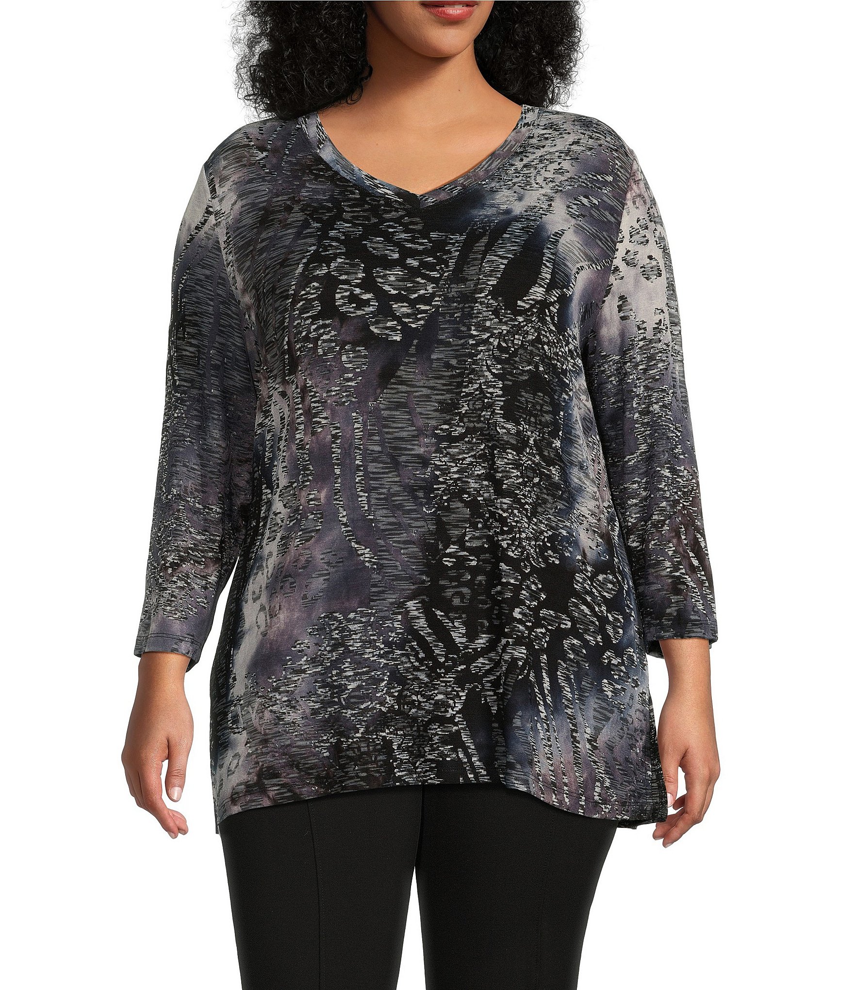 Calessa Plus Size Jacquard Knit Spacedye V Neck 34 Sleeve Tunic Dillards 7743