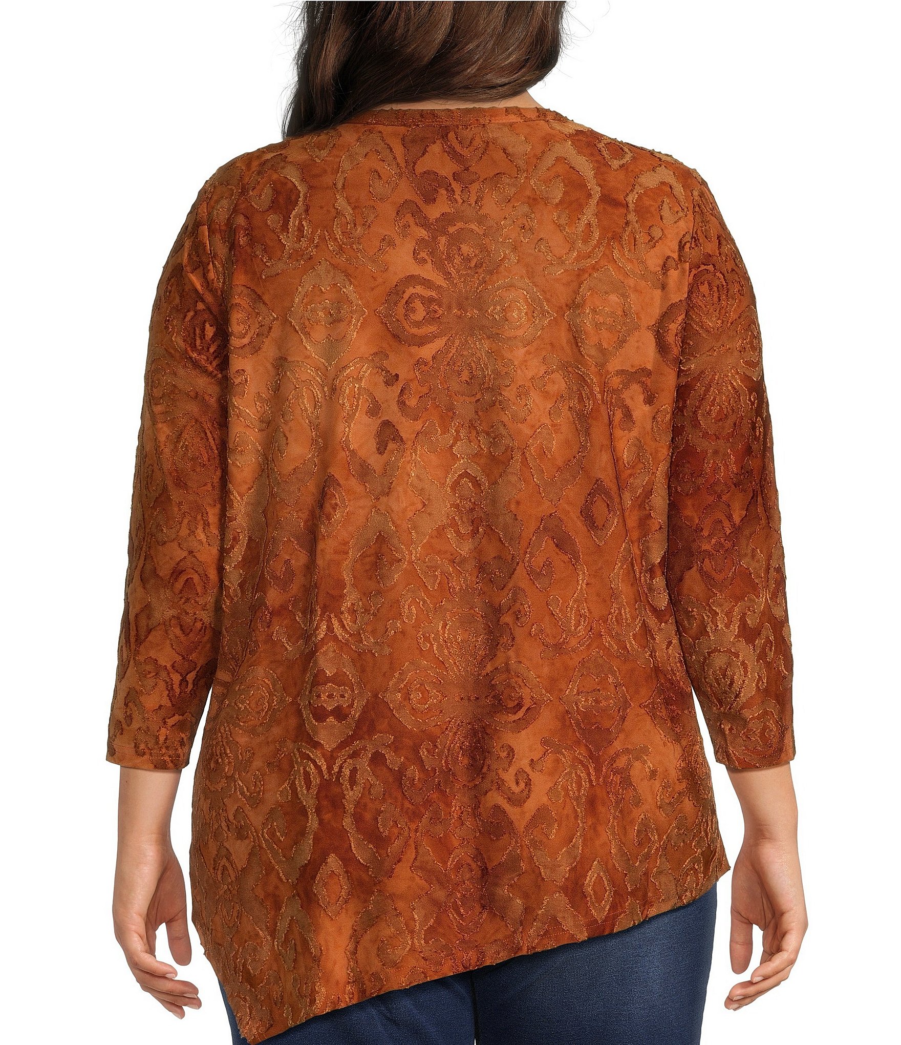 Calessa Plus Size Knit Burnout Crew Neck 3/4 Sleeve Asymmetric Hem Tunic