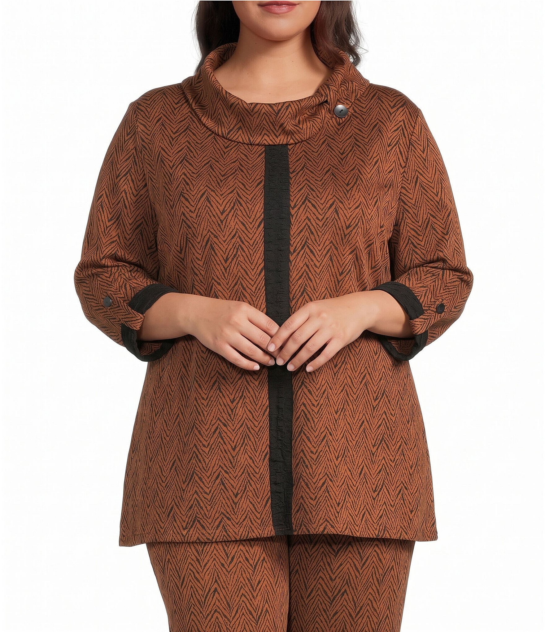 Calessa Plus Size Knit Chevron Contrast Trim Cowl Neck 3/4 Roll-Tab Sleeve Coordinating Tunic