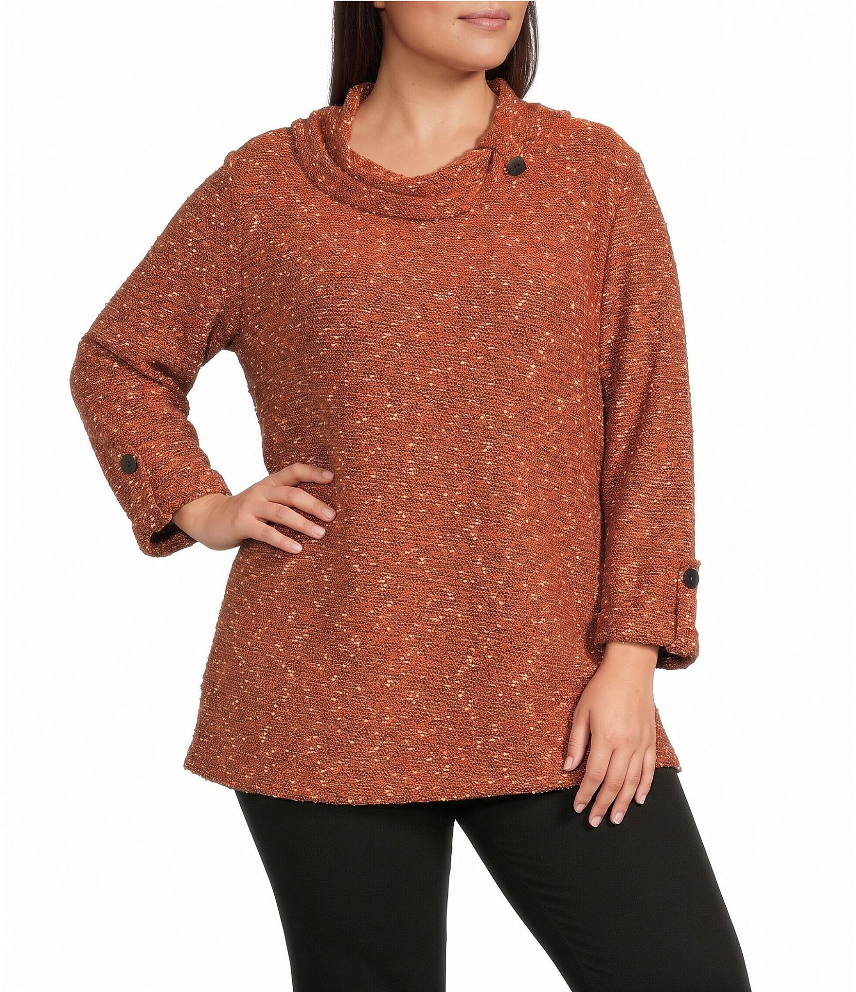 Calessa Plus Size Knit Cowl Neck 3/4 Roll-Tab Sleeve Tunic